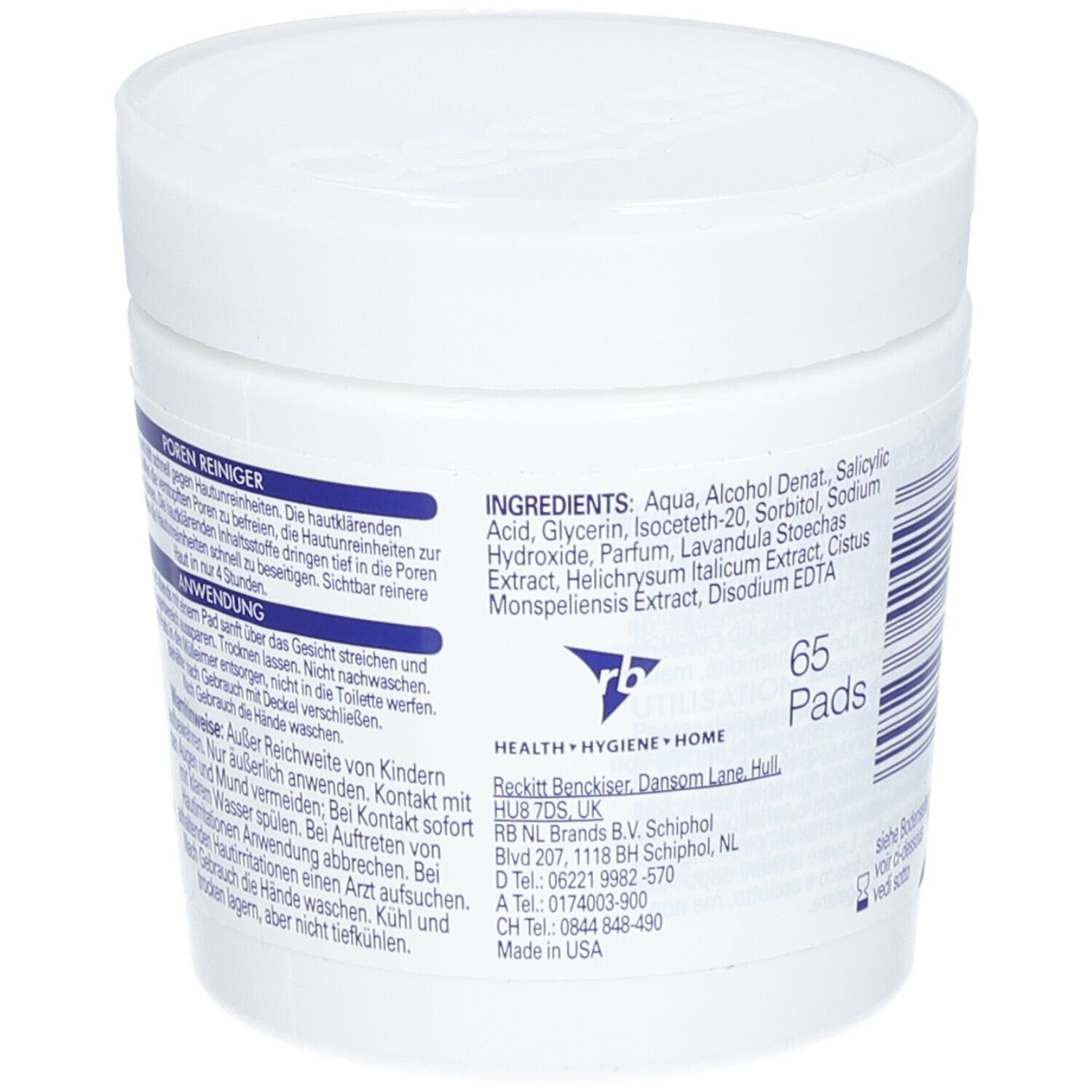 Pot blanc de CLEARASIL® Porenreiniger Pads. Dos avec ingrédients et informations fabricant. 65 pads.