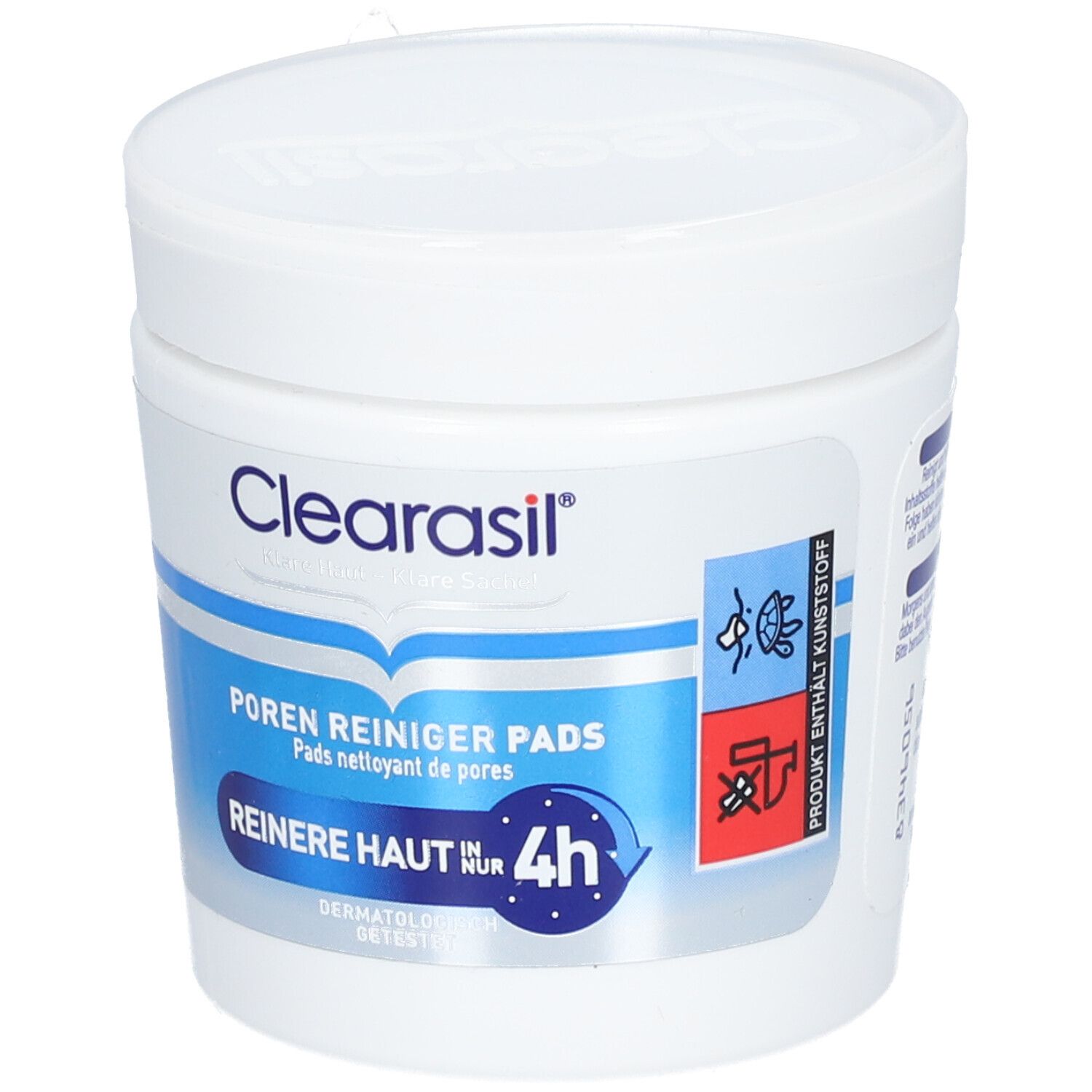 Pot blanc de CLEARASIL® Porenreiniger Pads. Inscription bleue et blanche. Texte: Peau plus nette en 4h. Pictogrammes.