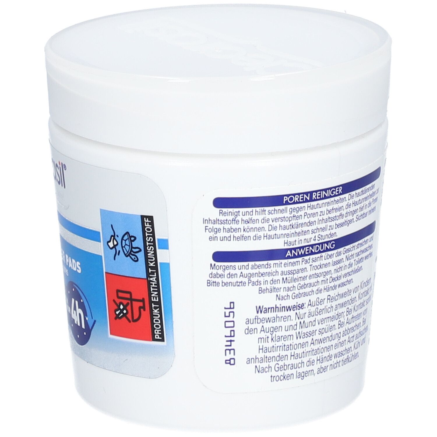 Pot blanc de CLEARASIL® Porenreiniger Pads. Dos avec instructions d'utilisation et avertissements. Pictogrammes.