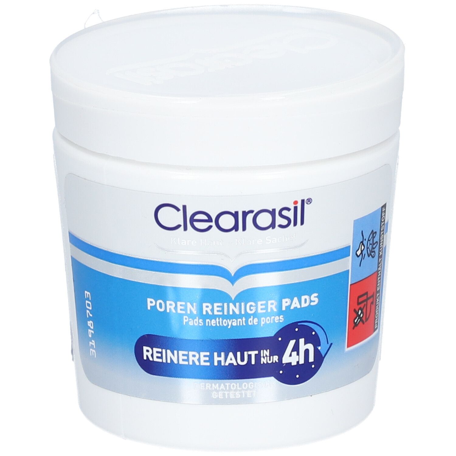 Pot blanc de CLEARASIL® Porenreiniger Pads. Inscription bleue et blanche. Texte: Peau plus nette en 4h.