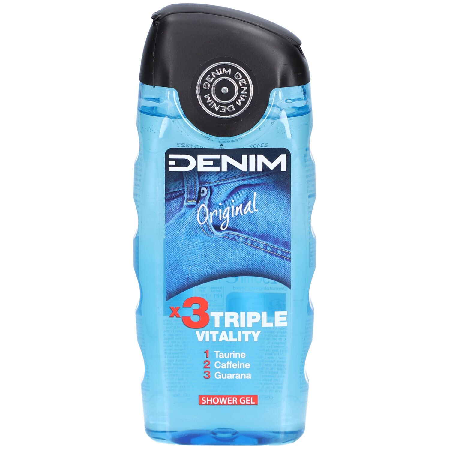 Gel douche bleu avec bouchon noir. Inscription : DENIM Original Triple Vitality. Contient taurine, caféine, guarana.