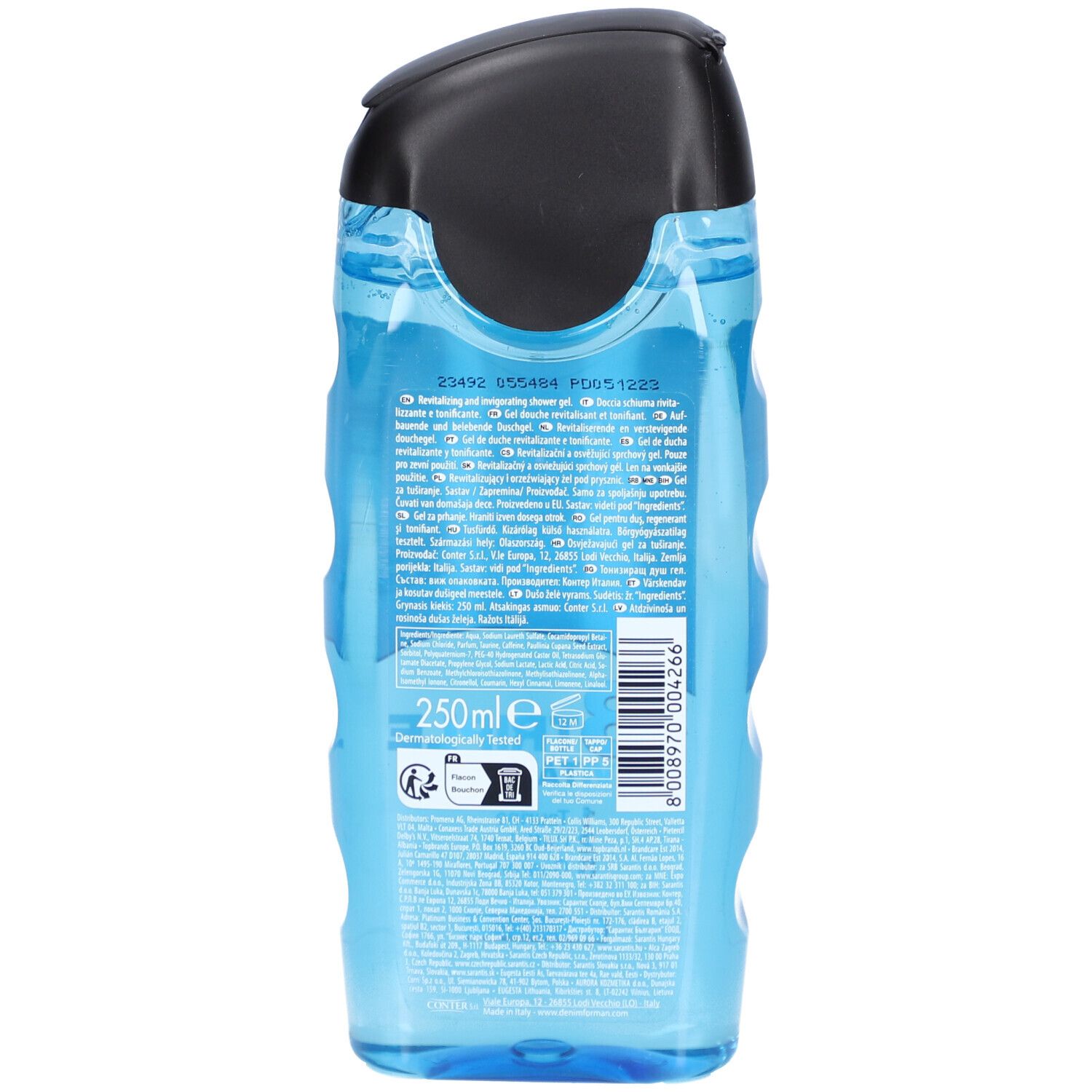 Dos de la bouteille de gel douche bleu. Bouchon noir. Contient du texte et des informations. 250 ml. Testé dermatologiquement.
