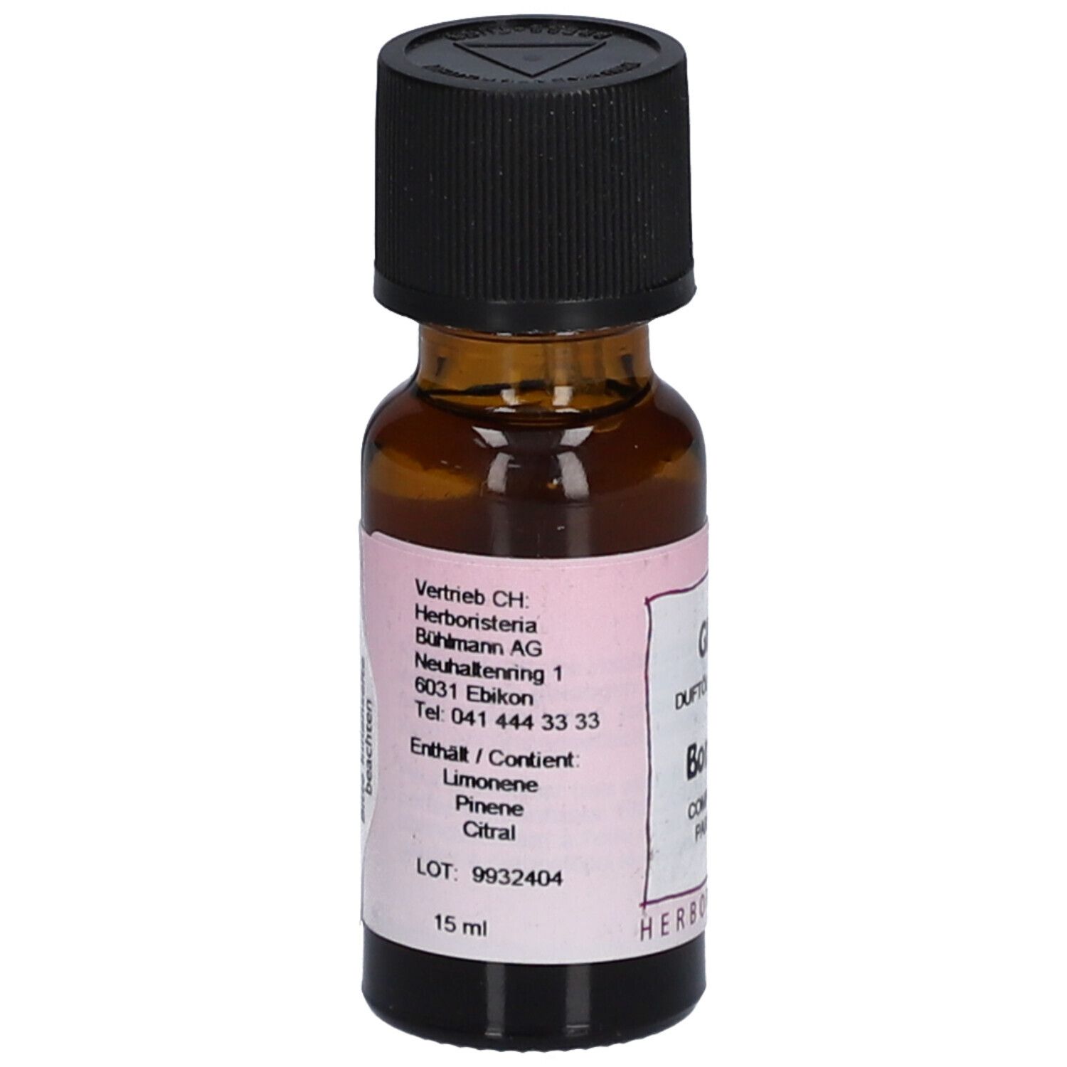 Flacon en verre brun avec bouchon noir. Étiquette avec texte et ingrédients. Marque: HERBORISTERIA. Volume: 15 ml. Numéro de lot: 9932404.