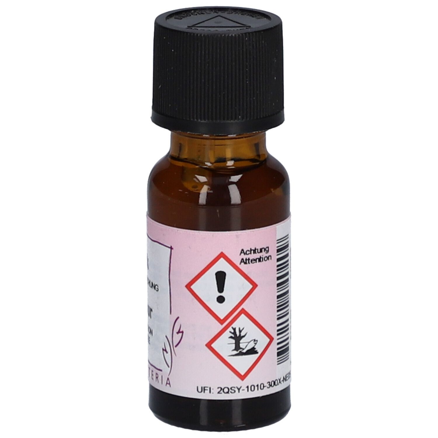 Flacon en verre brun avec bouchon noir. Étiquette avec symboles de danger et texte. Marque: HERBORISTERIA. Code UFI.