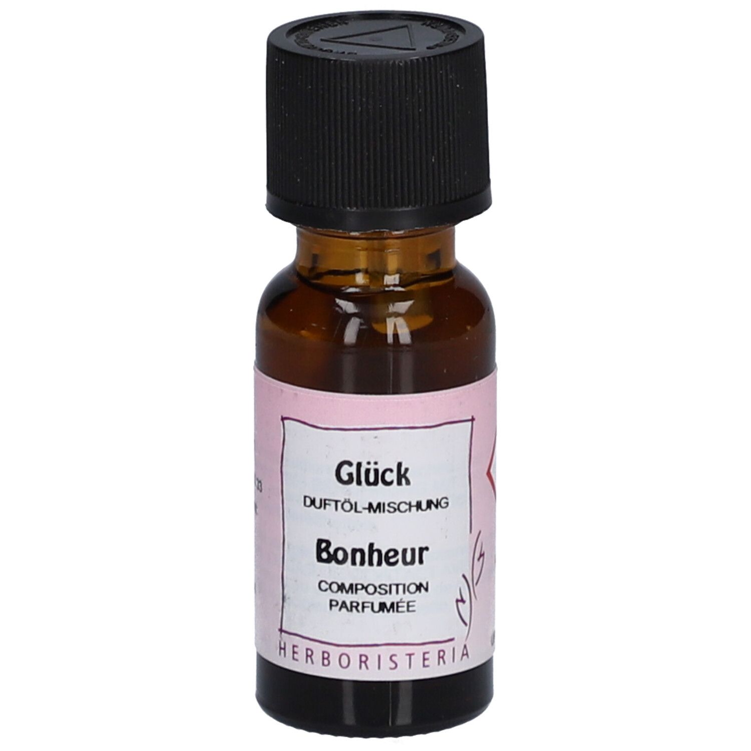 Flacon en verre brun avec bouchon noir. Étiquette avec texte: Glück, Duftöl-Mischung, Bonheur, Composition Parfumée. Marque: HERBORISTERIA.