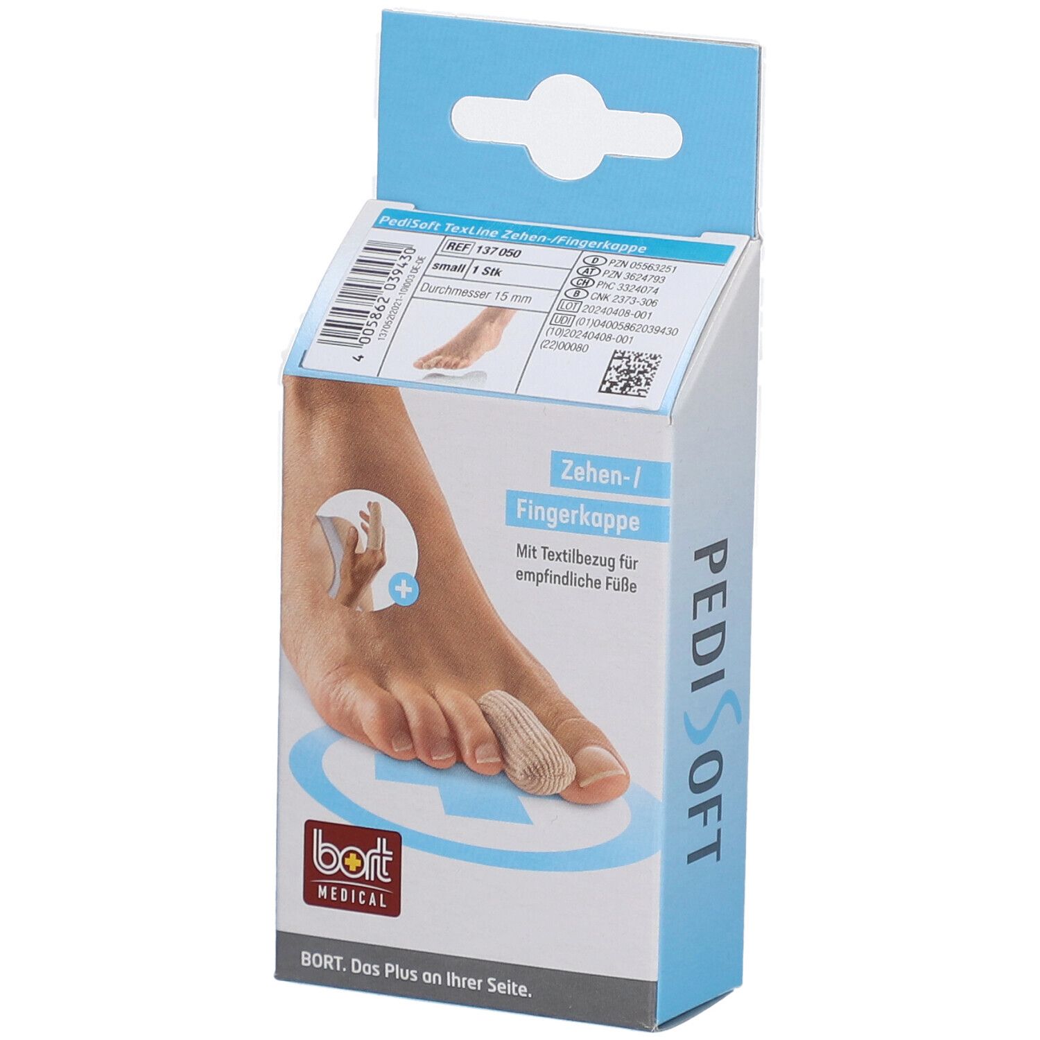 Emballage de protège-orteils/doigts. Image du produit sur le devant. Marque : Bort Medical.