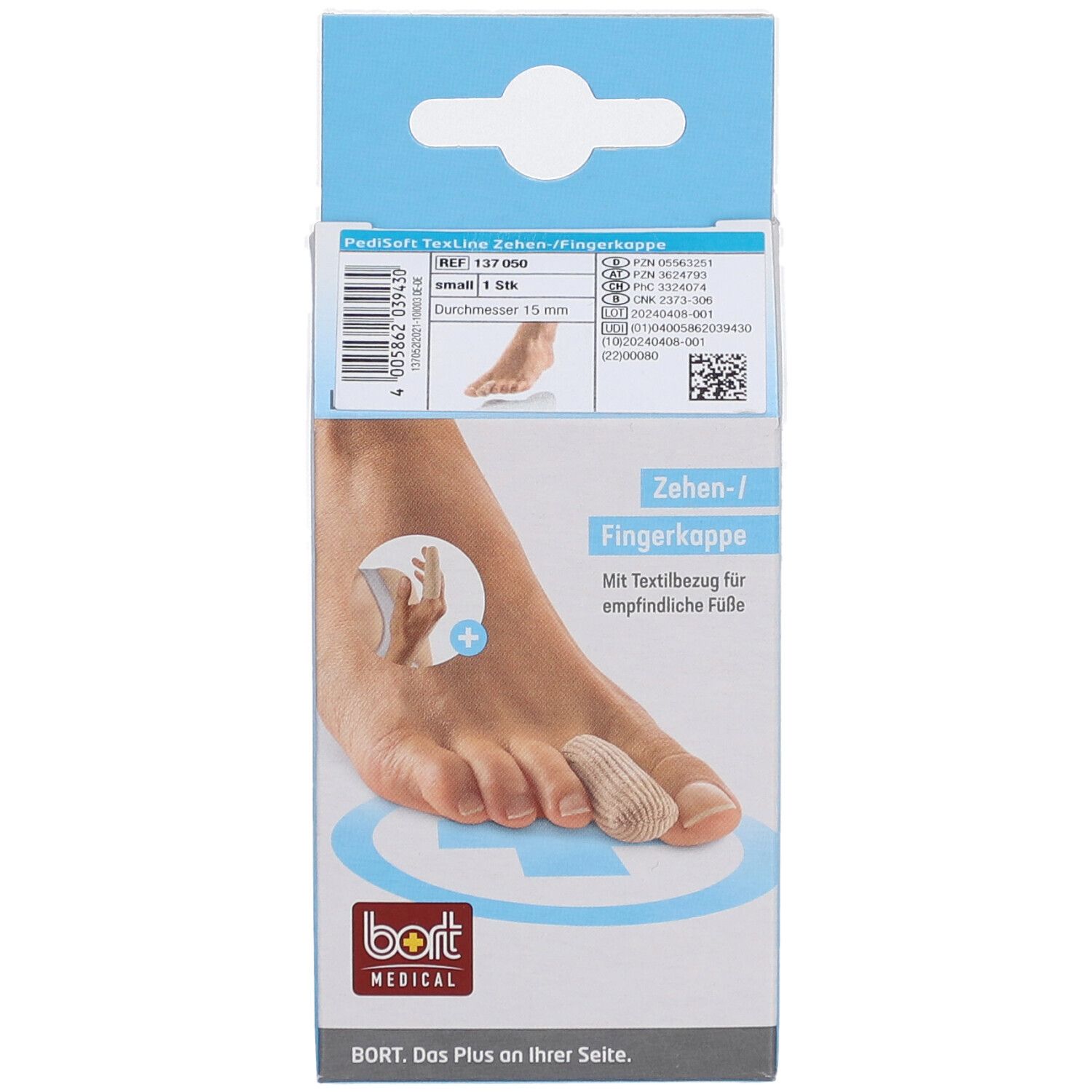 Emballage de protège-orteils/doigts. Image du produit sur le devant. Marque : Bort Medical.