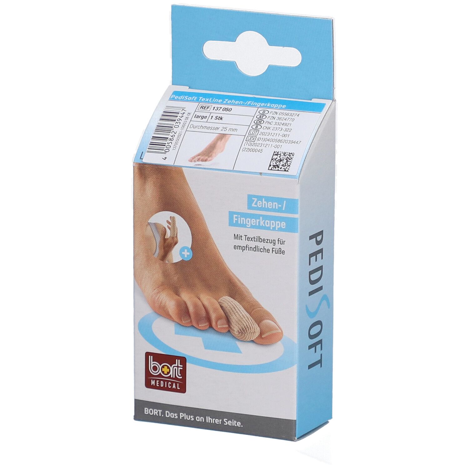 Emballage de la protection d'orteil/doigt. Montre un pied avec une protection. Marque BORT MEDICAL. Texte : PediSoft.