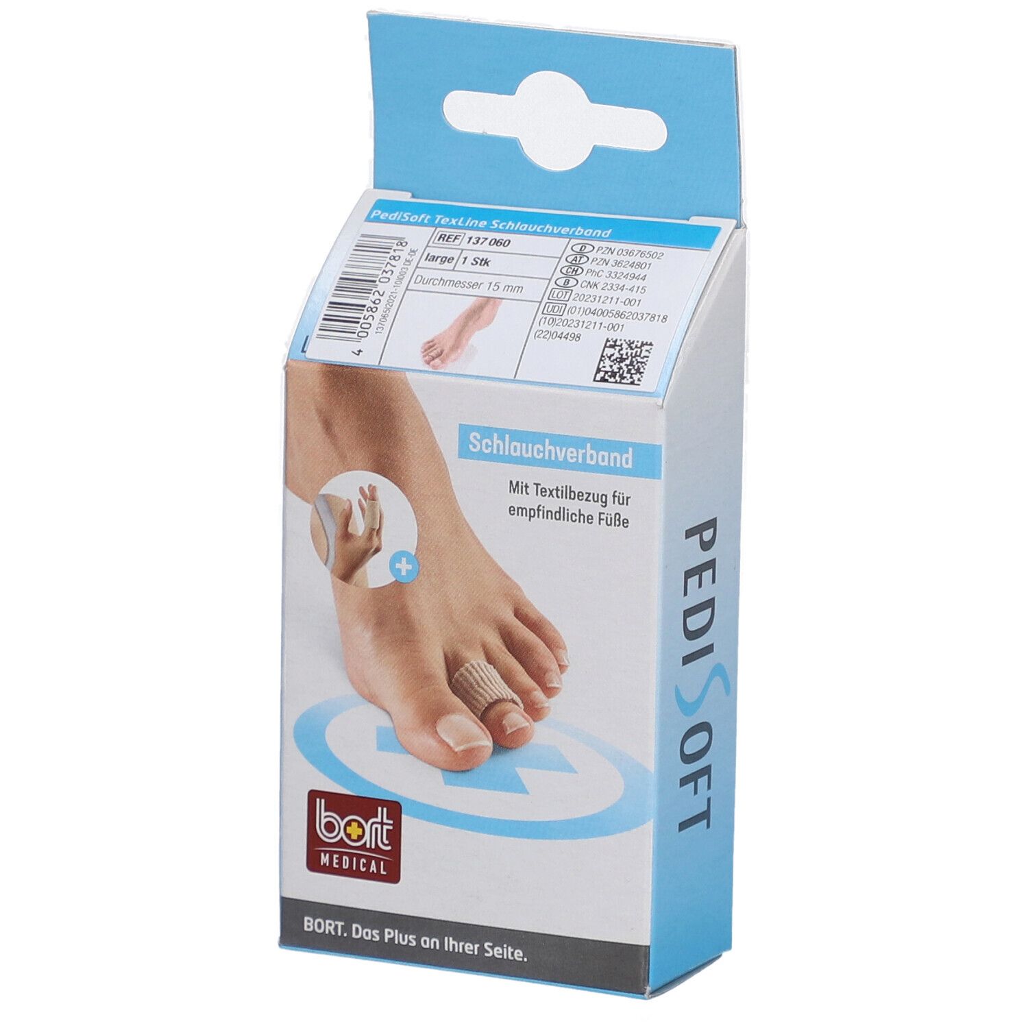 Emballage du bandage tubulaire BORT PediSoft TexLine. Inscriptions : PediSoft, bort MEDICAL, bandage tubulaire, taille L, revêtement textile.
