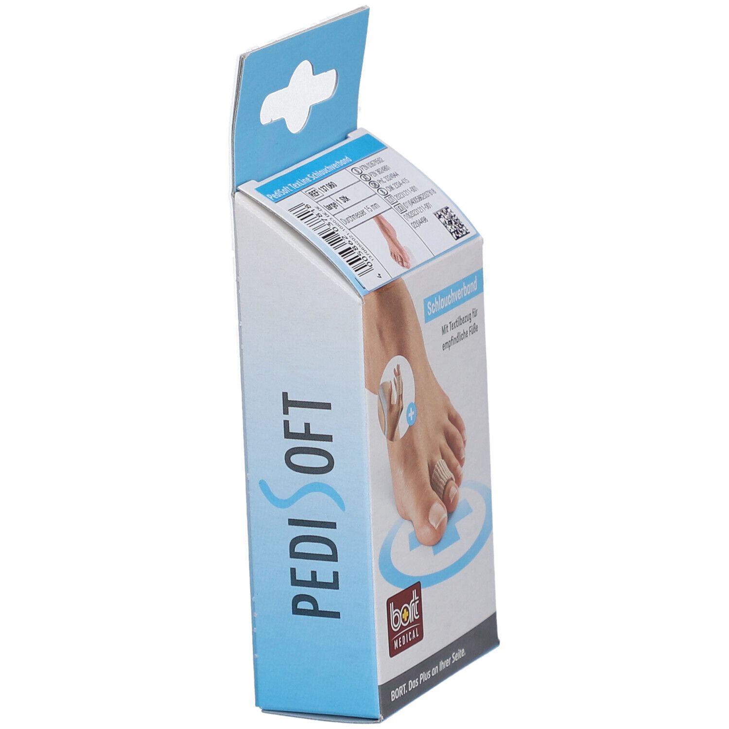 Vue latérale de l'emballage du bandage tubulaire BORT PediSoft TexLine. Inscription : PediSoft, bort MEDICAL.