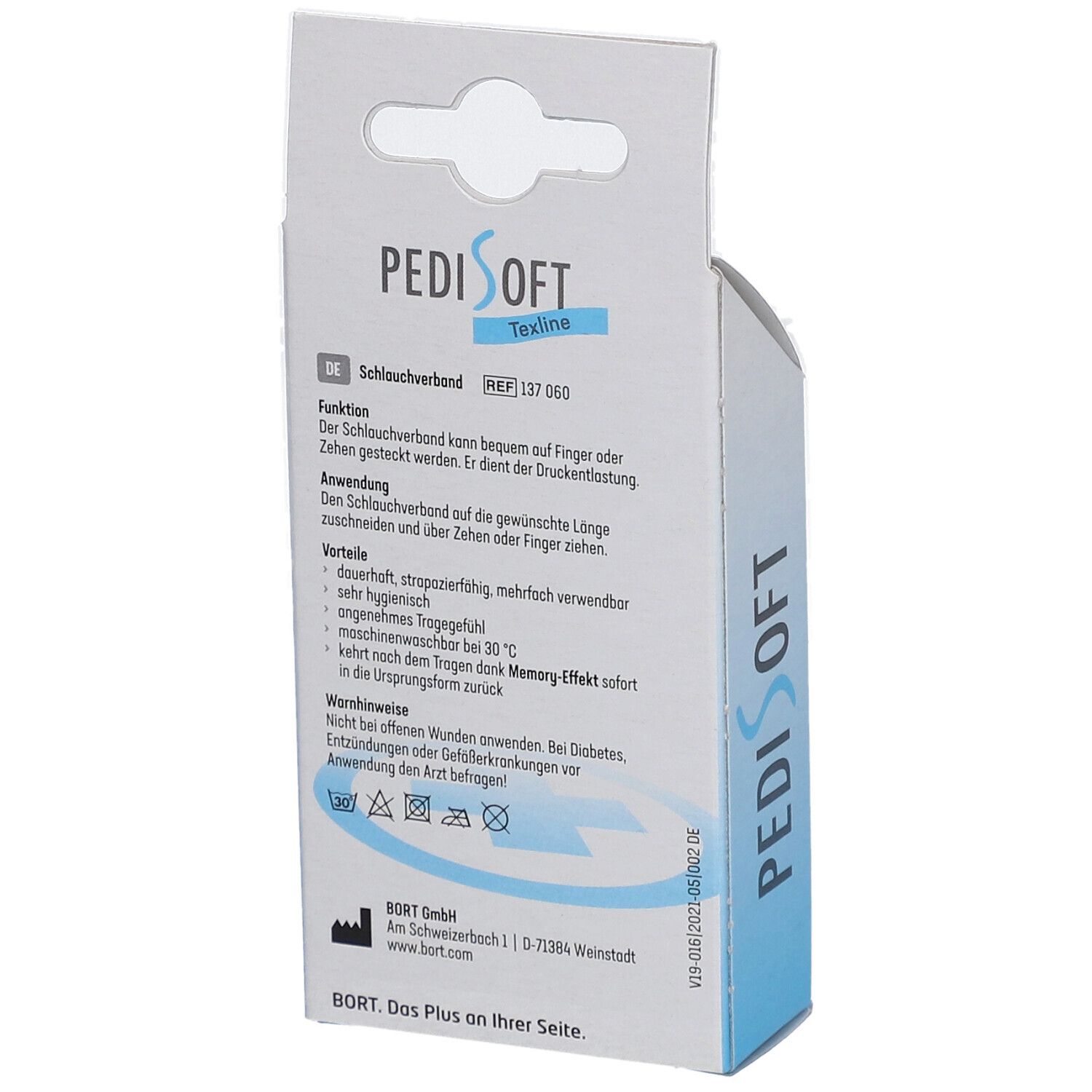 Dos de l'emballage du bandage tubulaire BORT PediSoft TexLine. Texte en allemand, informations sur l'utilisation et l'entretien.
