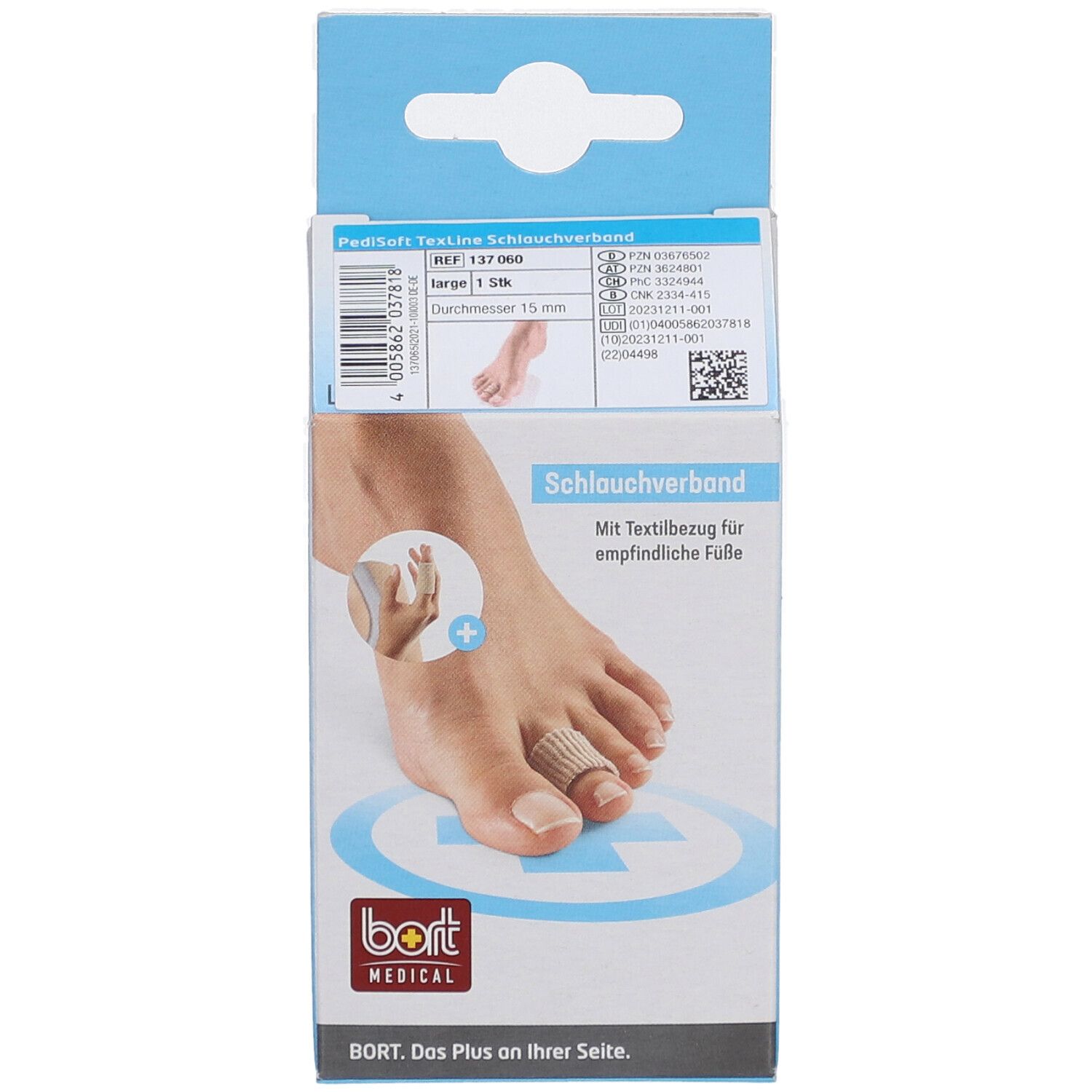 Emballage du bandage tubulaire BORT PediSoft TexLine. Inscriptions : PediSoft, bort MEDICAL, bandage tubulaire, taille L, revêtement textile.