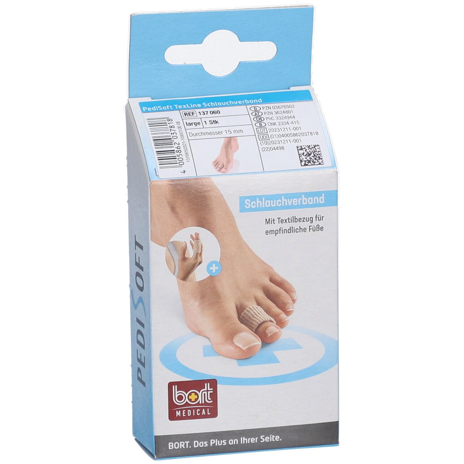 Emballage du bandage tubulaire BORT PediSoft TexLine. Inscriptions : PediSoft, bort MEDICAL, bandage tubulaire, taille L, revêtement textile.