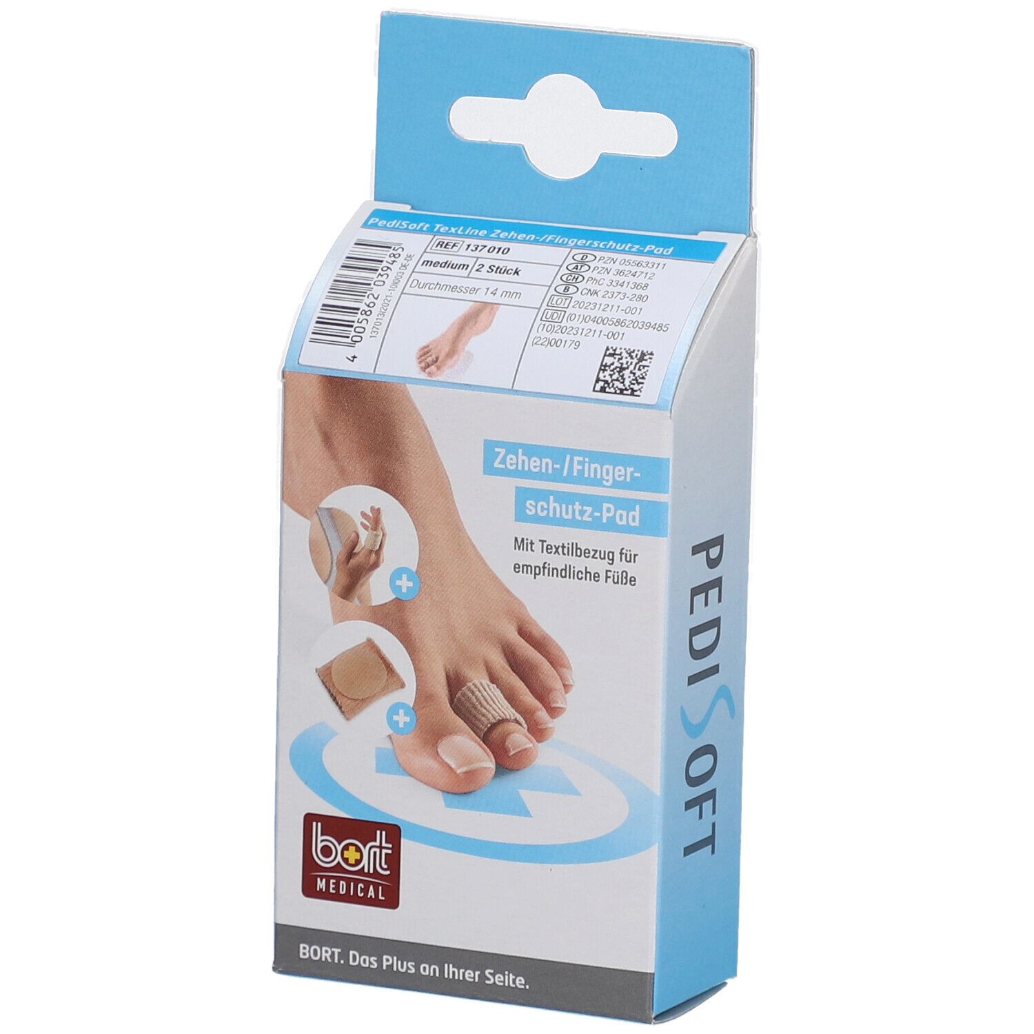 Emballage du Bort PediSoft TexLine Protège-orteils/doigts. Image du produit avec pied et coussinet. Marque Bort Medical.