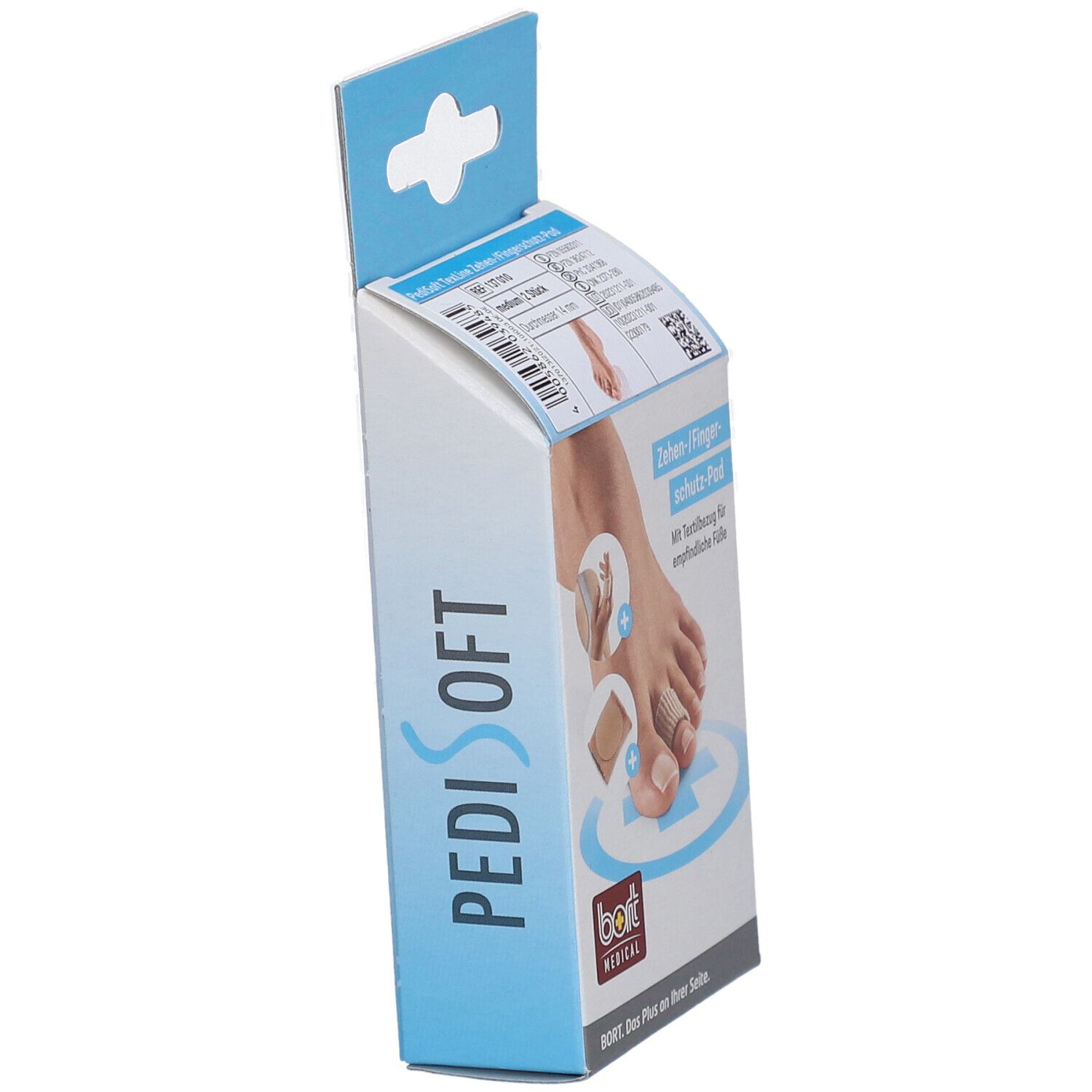 Vue latérale de l'emballage du Bort PediSoft TexLine Protège-orteils/doigts. Nom du produit et marque clairement visibles.