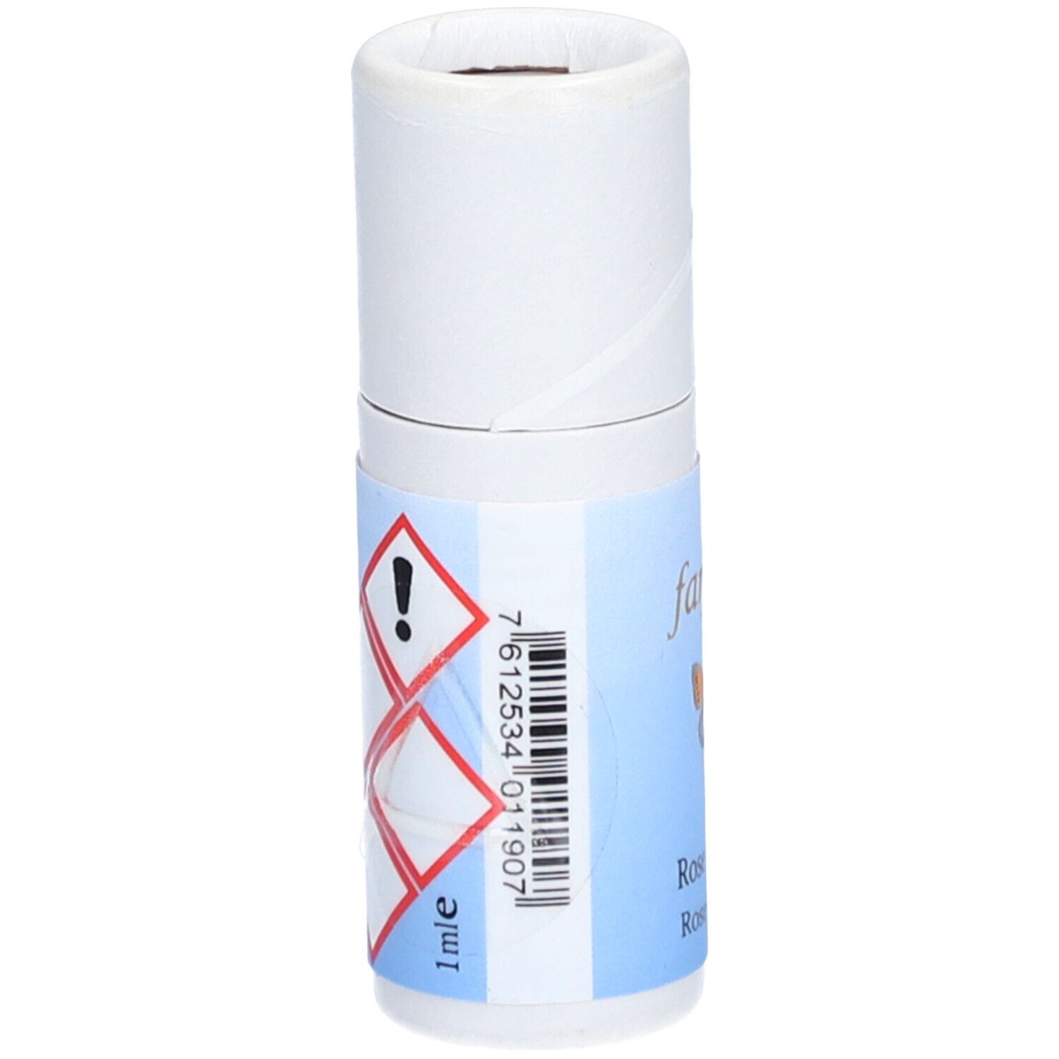 Emballage cylindrique avec étiquette bleue. Inscription : farfalla, Rose absolue. Symbole de danger et code-barres.