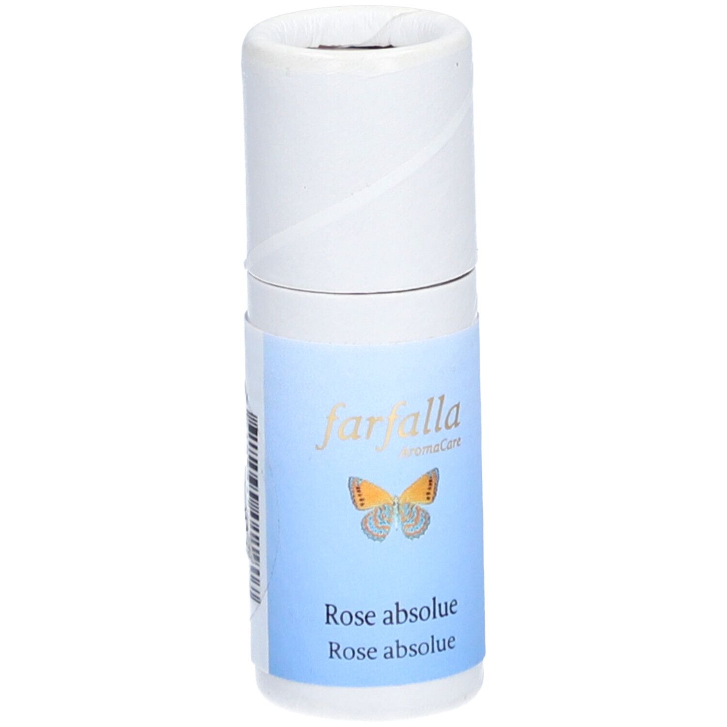 Emballage cylindrique avec étiquette bleue. Inscription : farfalla, Rose absolue. Illustration d'un papillon.