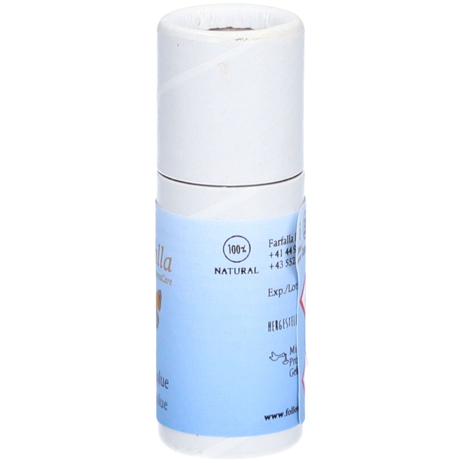 Emballage cylindrique avec étiquette bleue. Inscription : farfalla, Rose absolue. 100% Naturel.