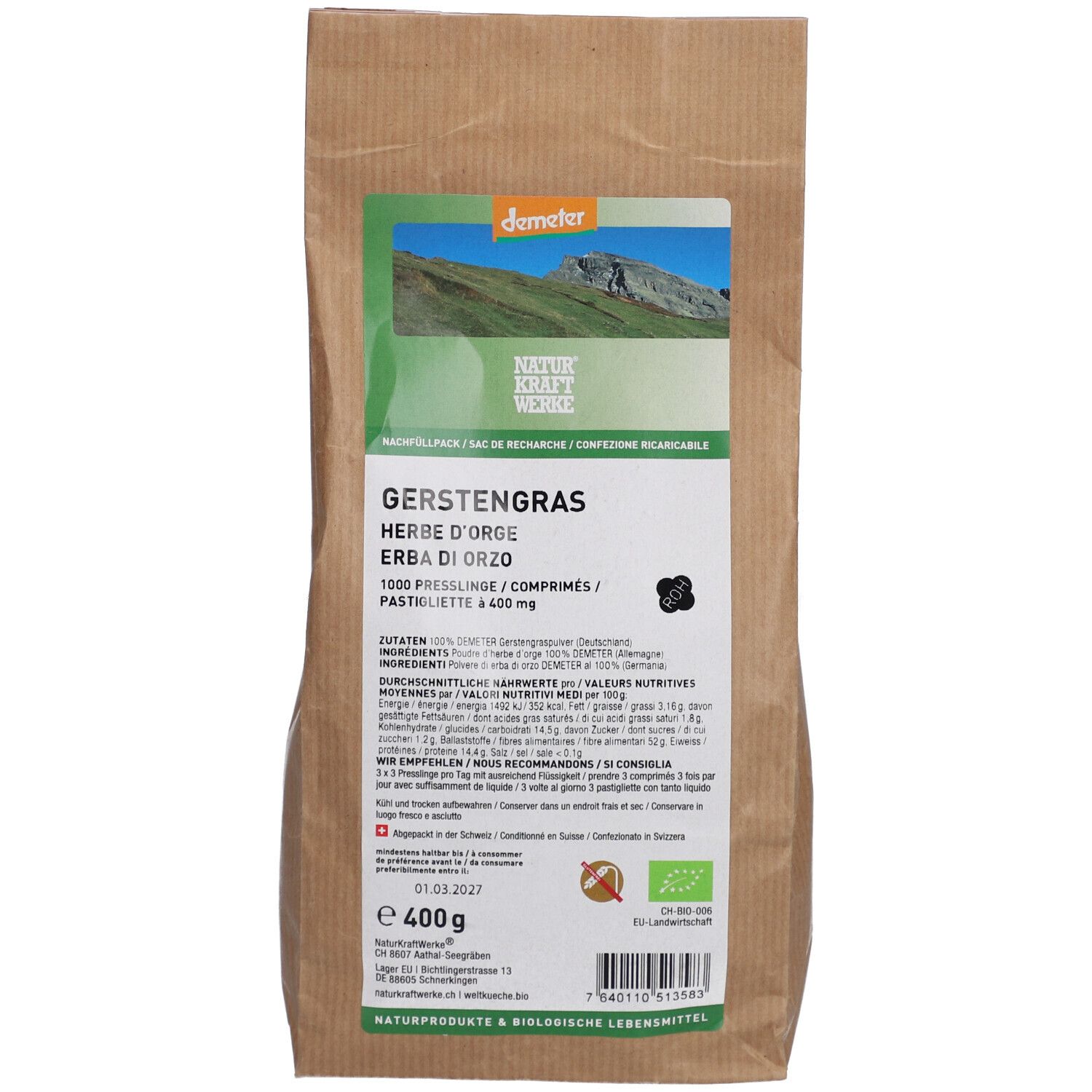 Sachet en papier brun avec étiquette. Inscription : Gerstengras, 1000 comprimés, label Demeter, label bio.