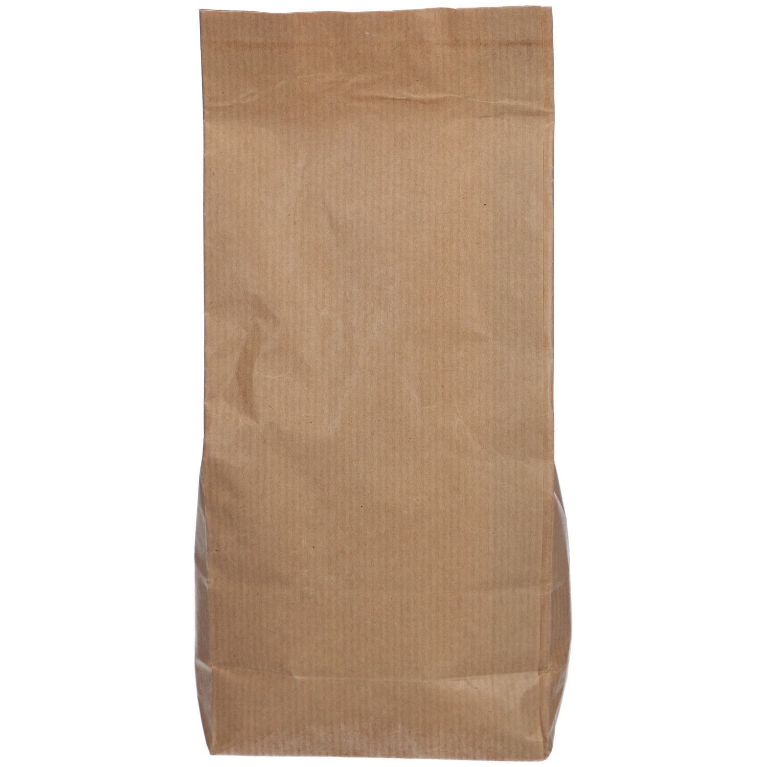 Sac en papier brun vide avec rayures verticales. Haut fermé.