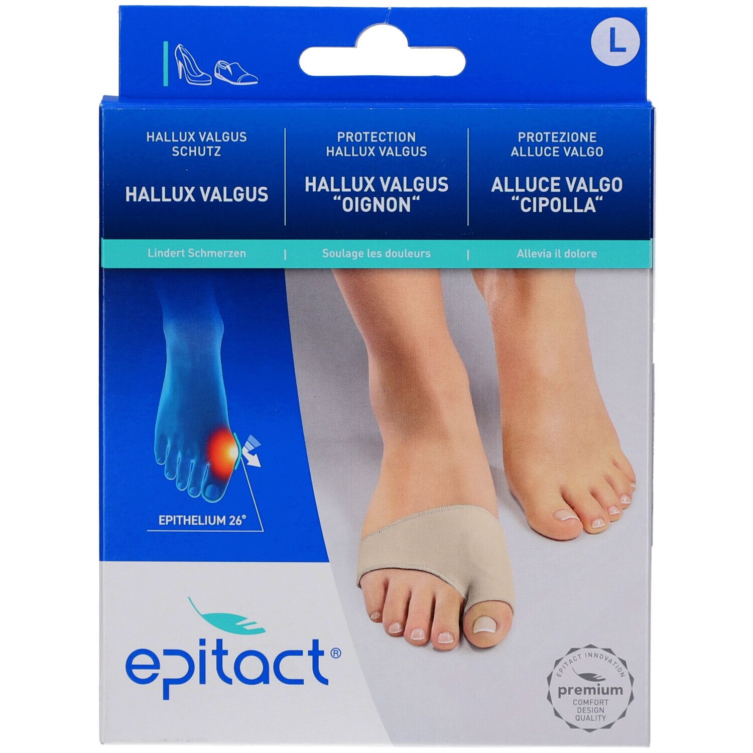 Emballage de protection Hallux Valgus. Orthèse beige sur le pied. Logo Epitact en bas. Sceau Premium à droite.