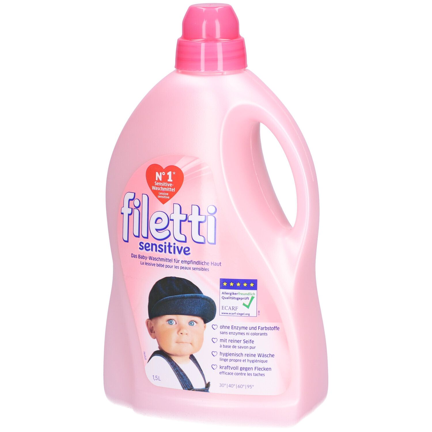 Bouteille rose avec poignée et bouchon doseur. Inscription : Filetti sensitive, lessive bébé. Image d'un bébé.