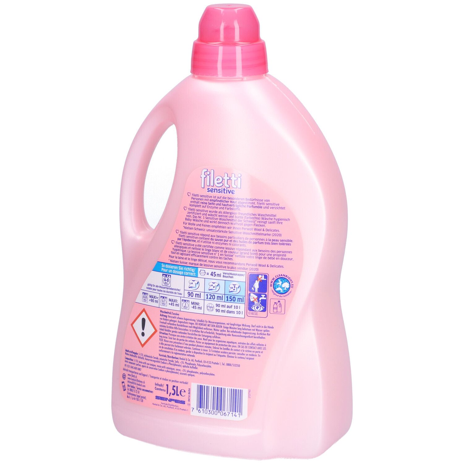 Bouteille rose avec poignée et bouchon doseur. Dos avec texte et symboles. Inscription : Filetti sensitive.