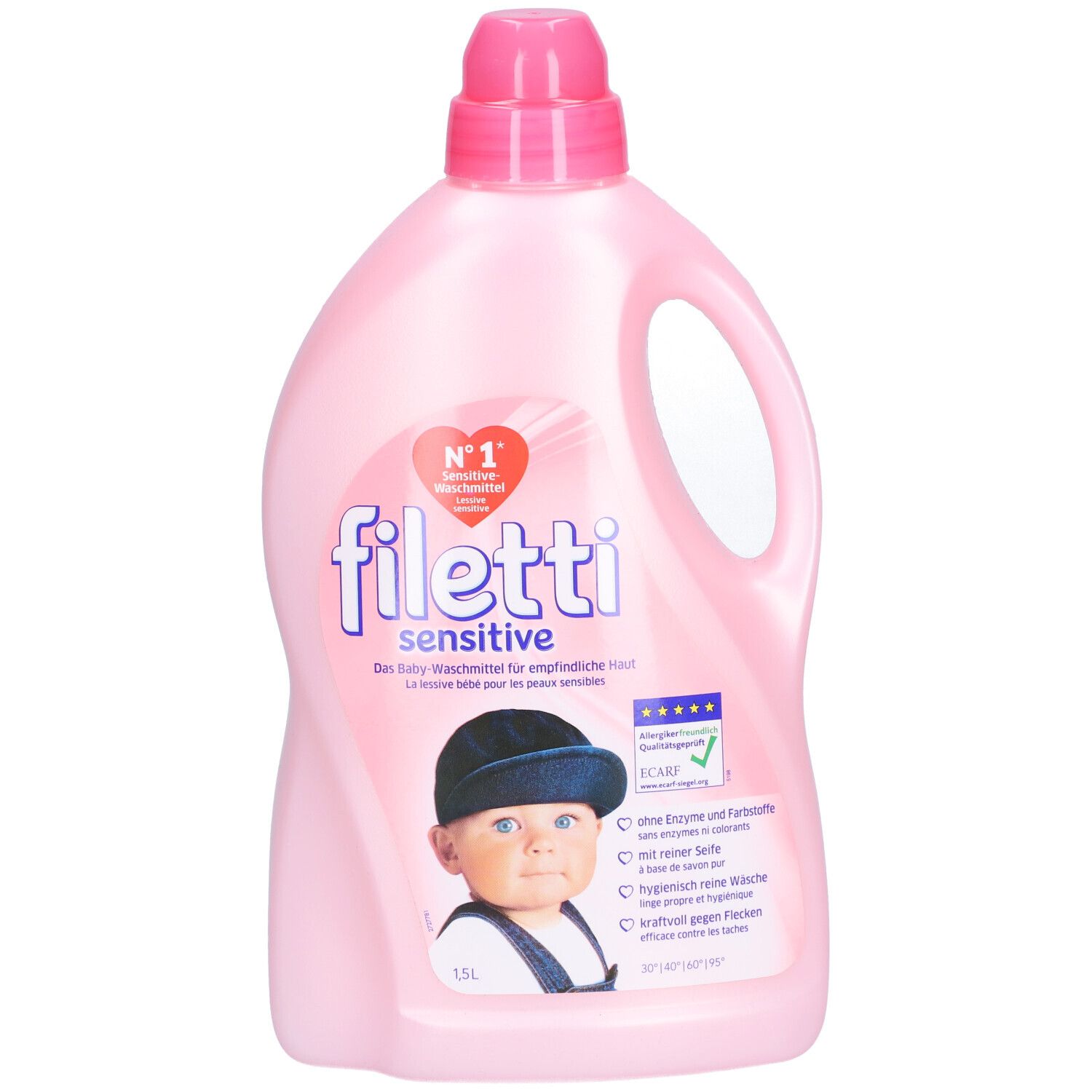 Bouteille rose avec poignée et bouchon doseur. Inscription : Filetti sensitive, lessive bébé. Image d'un bébé.