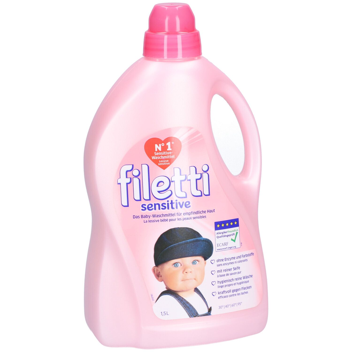 Bouteille rose avec poignée et bouchon doseur. Inscription : Filetti sensitive, lessive bébé. Image d'un bébé.