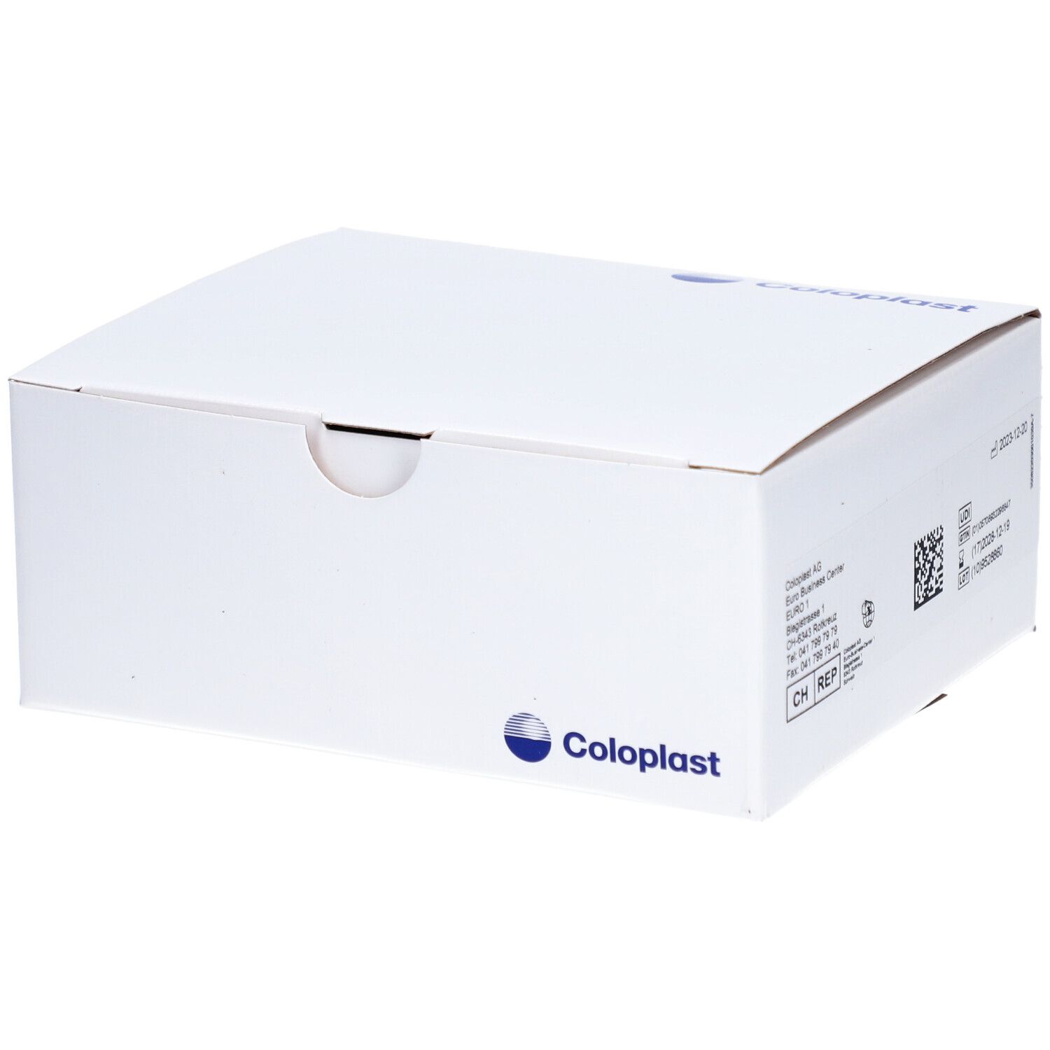 Emballage blanc avec logo Coloplast. Boîte avec couvercle, légèrement en biais, vue de face.