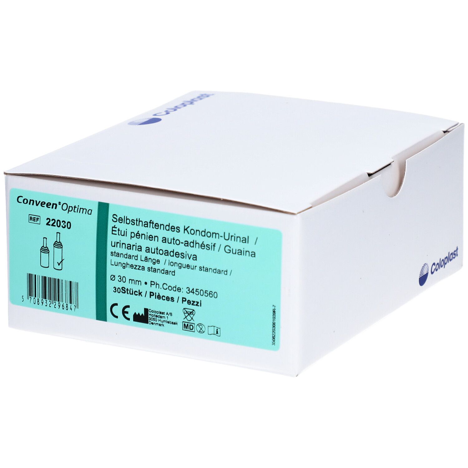 Emballage ouvert avec informations produit. Nom: Conveen Optima. Fabricant: Coloplast. 30 pièces.