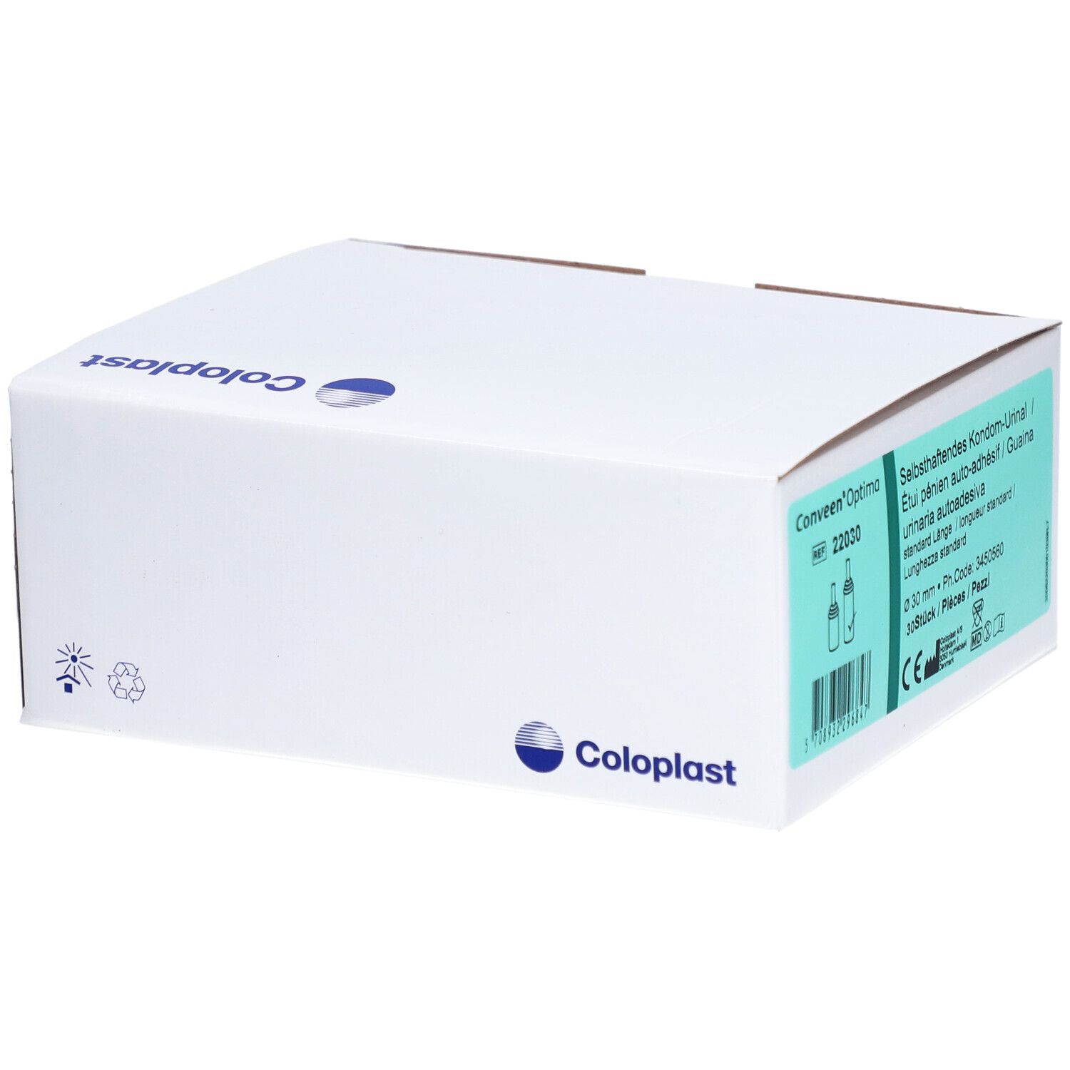 Emballage ouvert, informations produit. Nom: Conveen Optima. Fabricant: Coloplast. 30 pièces.