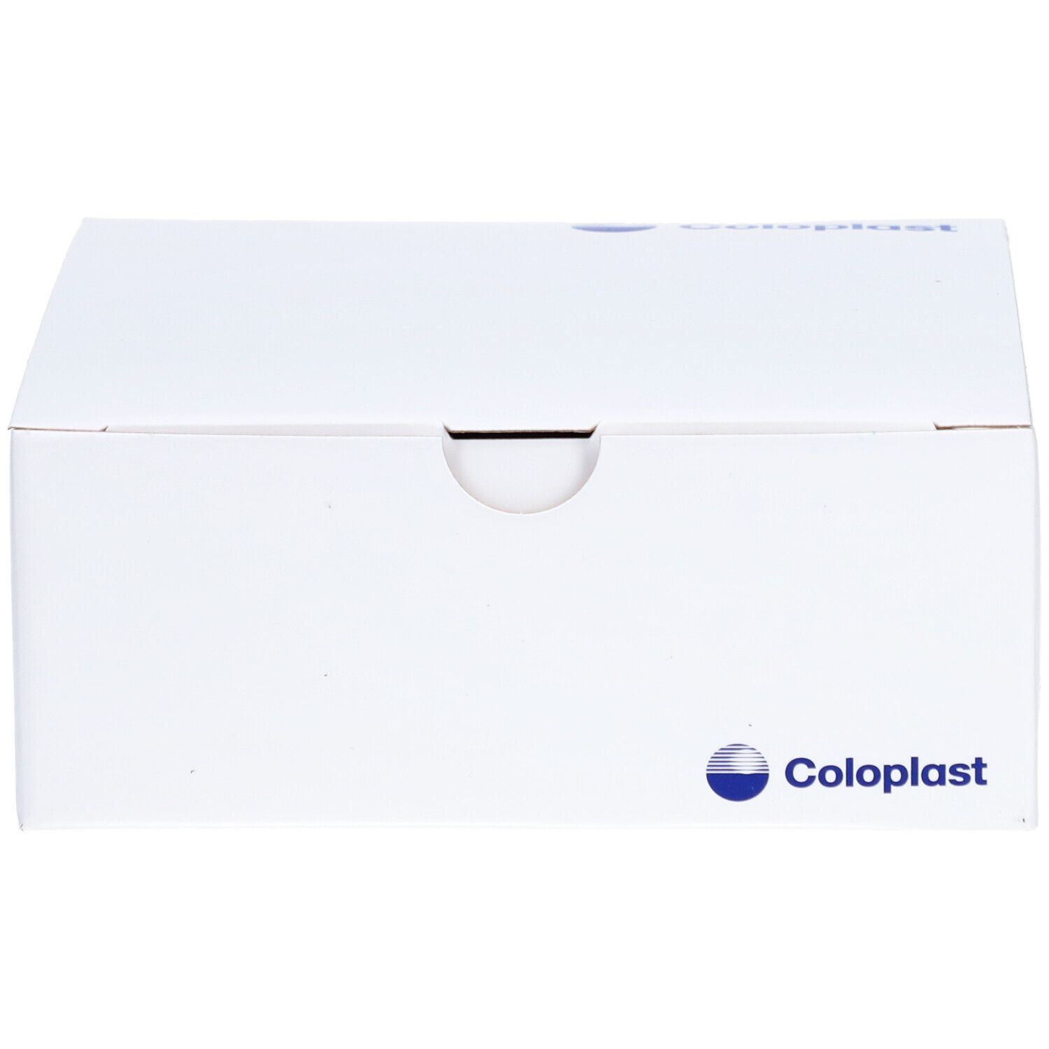 Emballage blanc avec logo Coloplast. Boîte avec couvercle, légèrement en biais, vue de face.