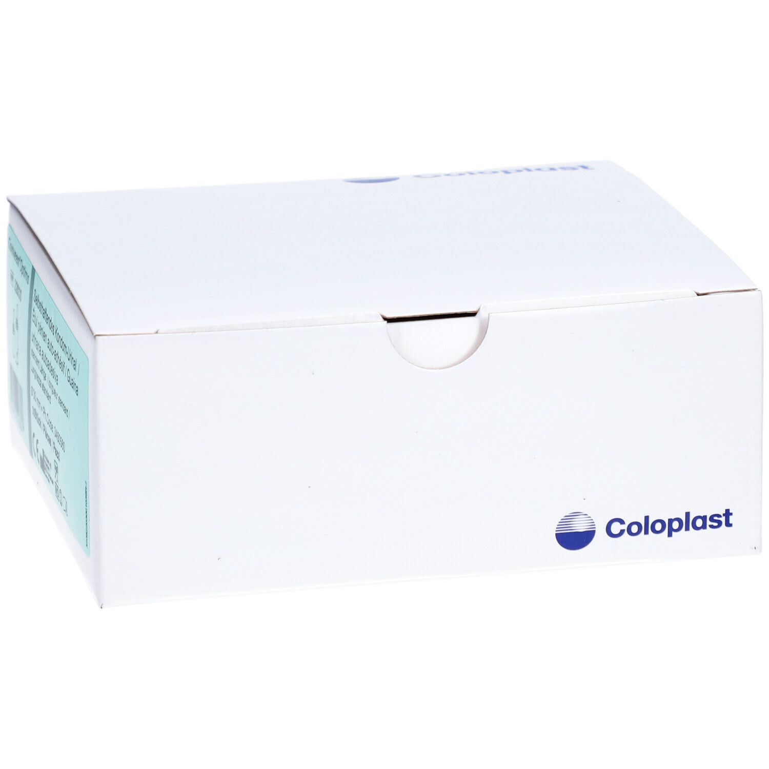 Emballage blanc avec logo Coloplast. Boîte avec couvercle, légèrement en biais, vue de face.