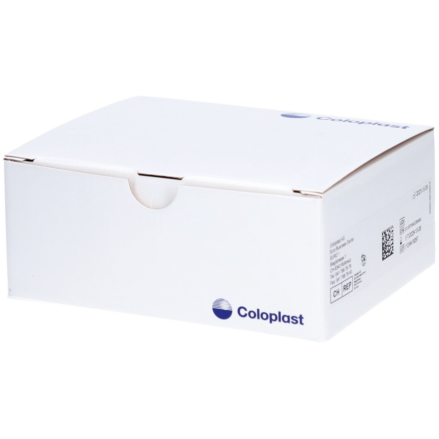Boîte de produit blanche avec logo Coloplast. La boîte est fermée.
