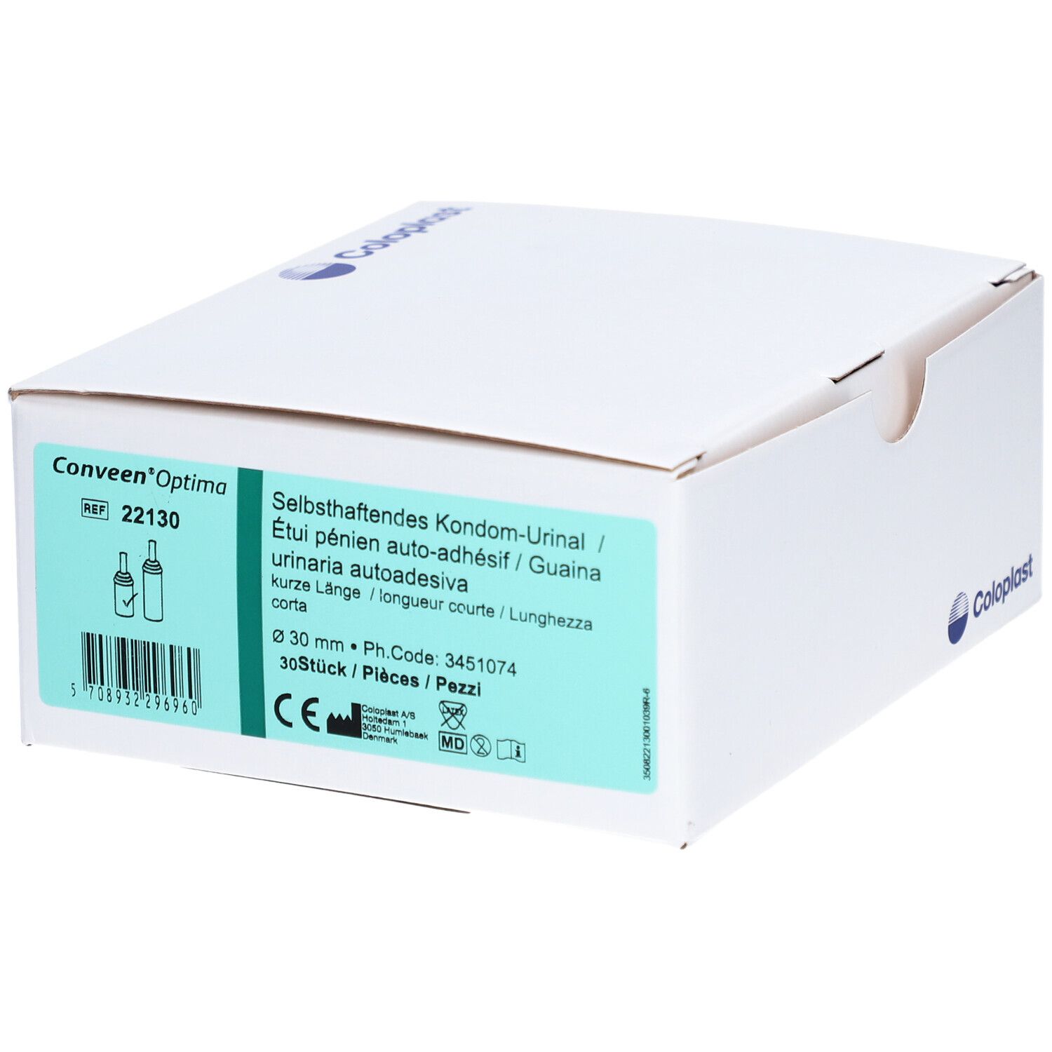Emballage du produit avec le nom Conveen Optima et le logo Coloplast. Contient des informations multilingues.