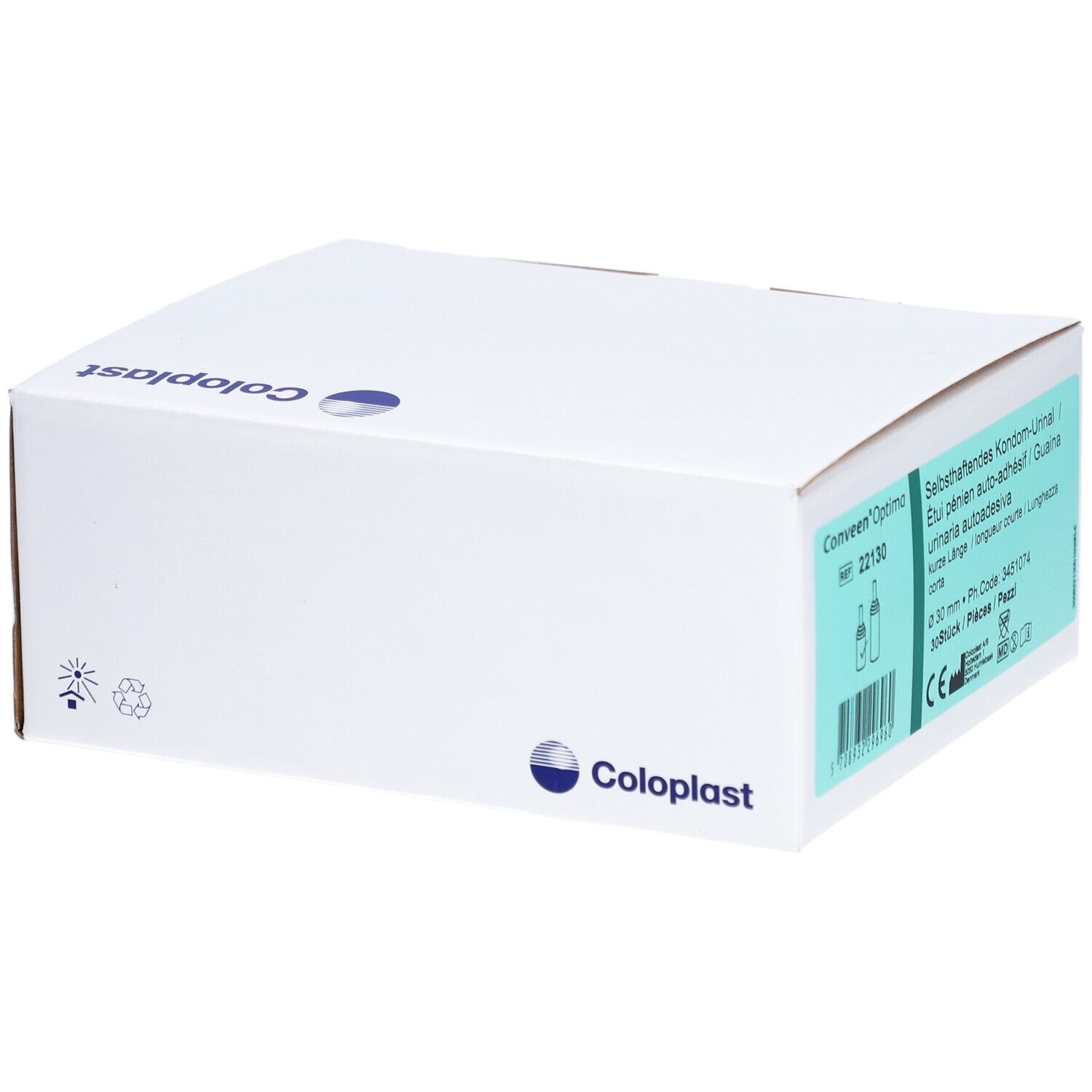 Emballage du produit avec le nom Conveen Optima et le logo Coloplast. Contient des informations multilingues.