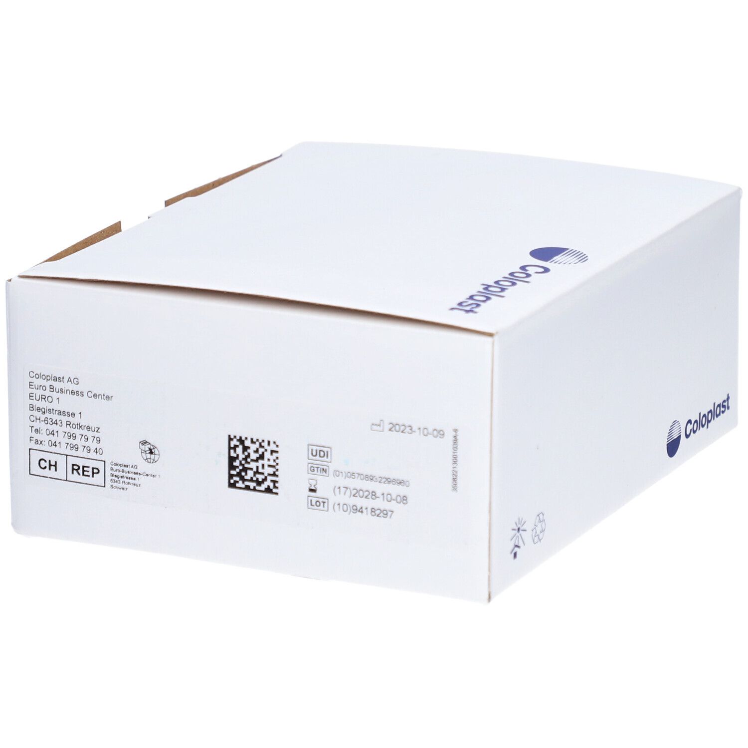 Emballage blanc avec logo Coloplast et informations d'adresse. Contient un code QR et un numéro de lot.