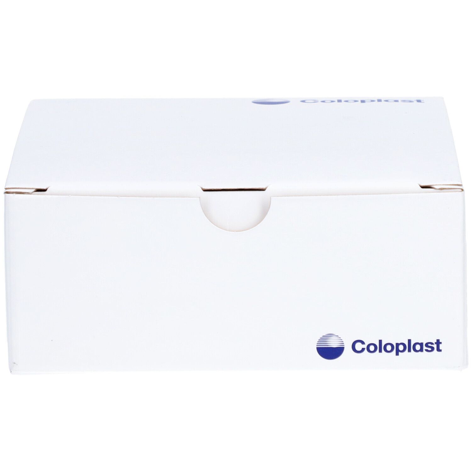 Boîte de produit blanche avec logo Coloplast. La boîte est fermée.