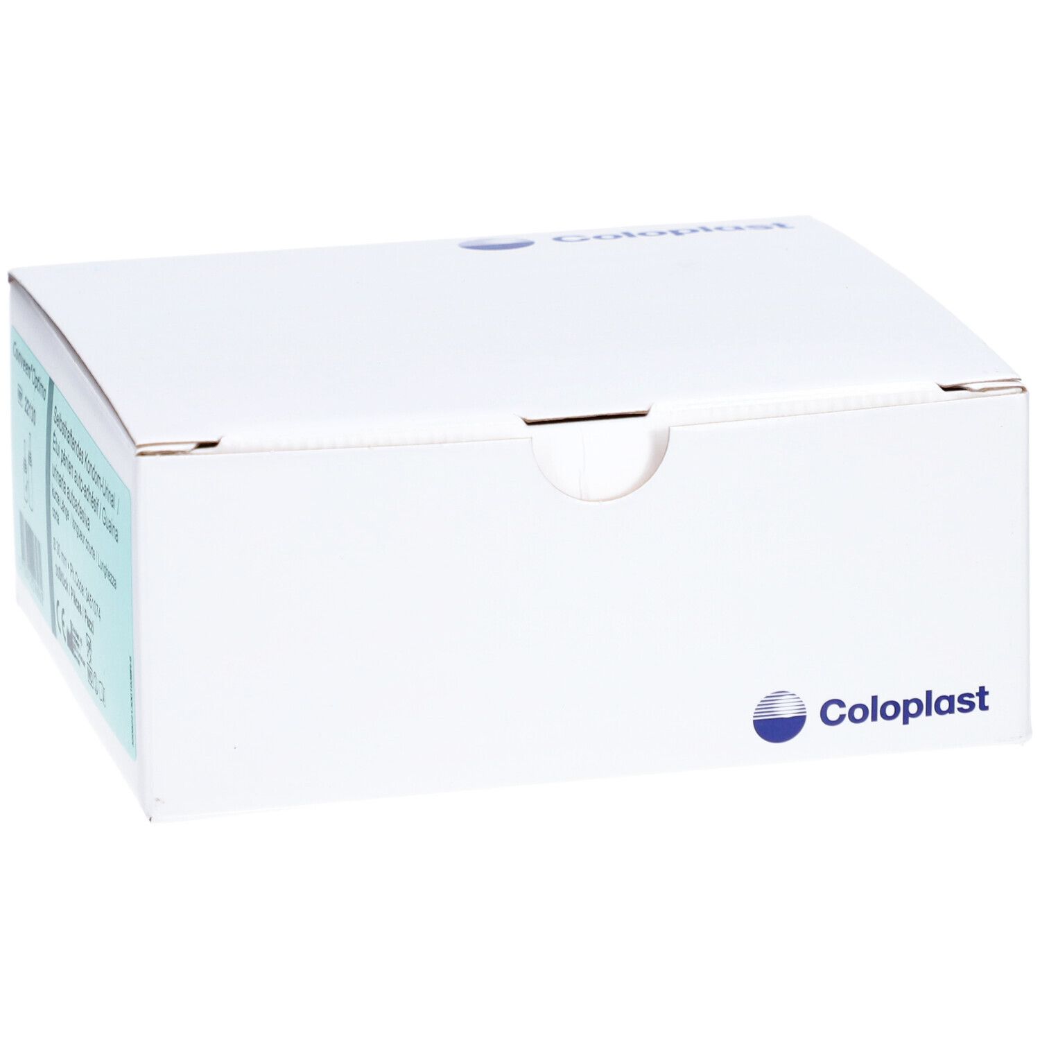 Boîte de produit blanche avec logo Coloplast. La boîte est fermée.