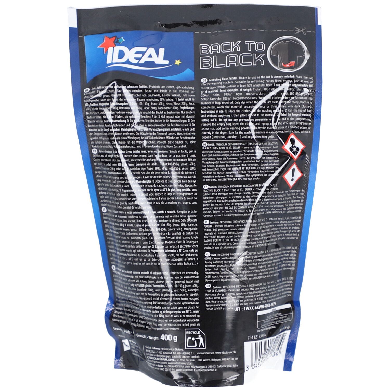 Dos de l'emballage. Texte, avertissements et indication de poids : 400 g.