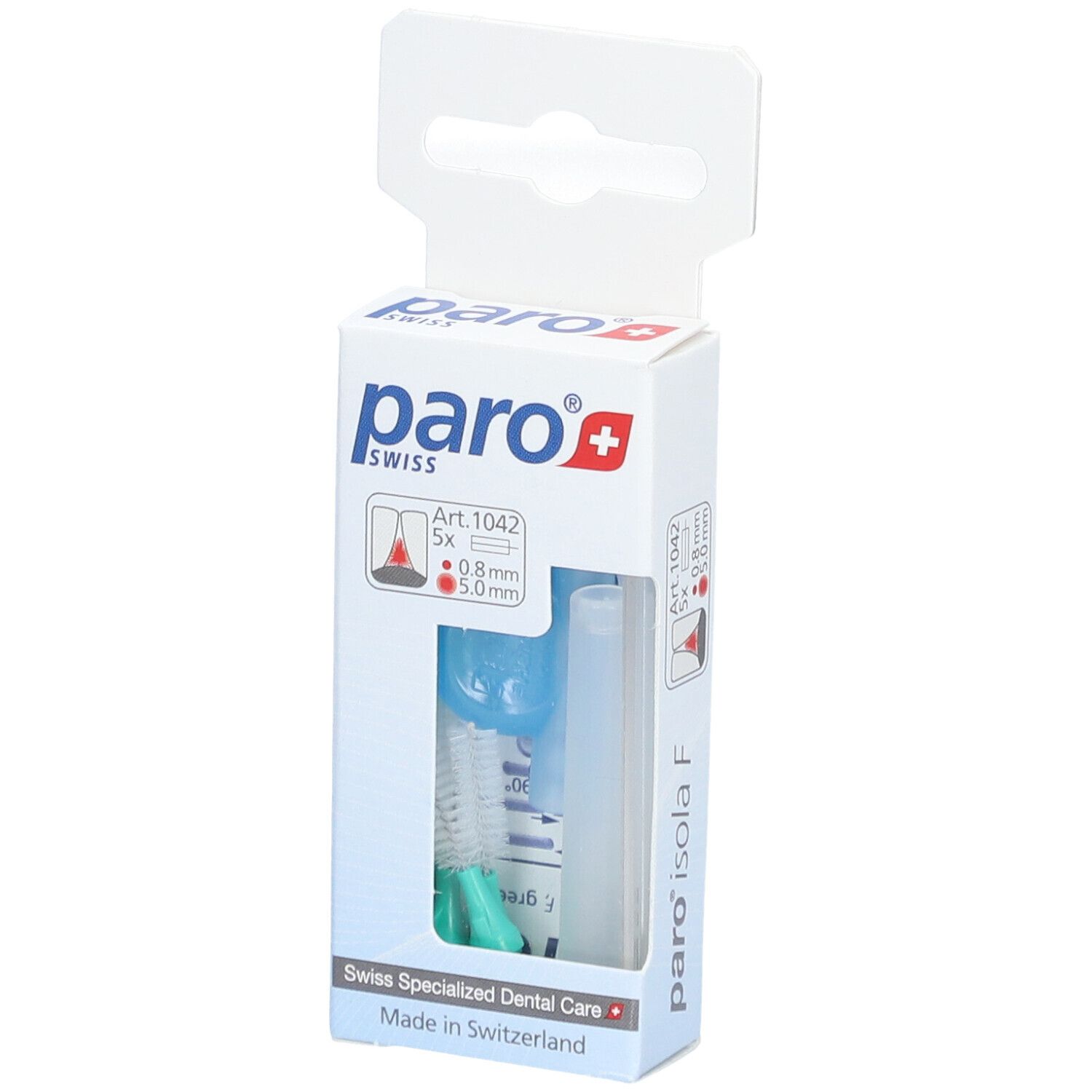 Emballage de paro® Isola F Brossette interdentaire. Contient 5 brosses, 5.0 mm, vertes. Marque et informations imprimées.