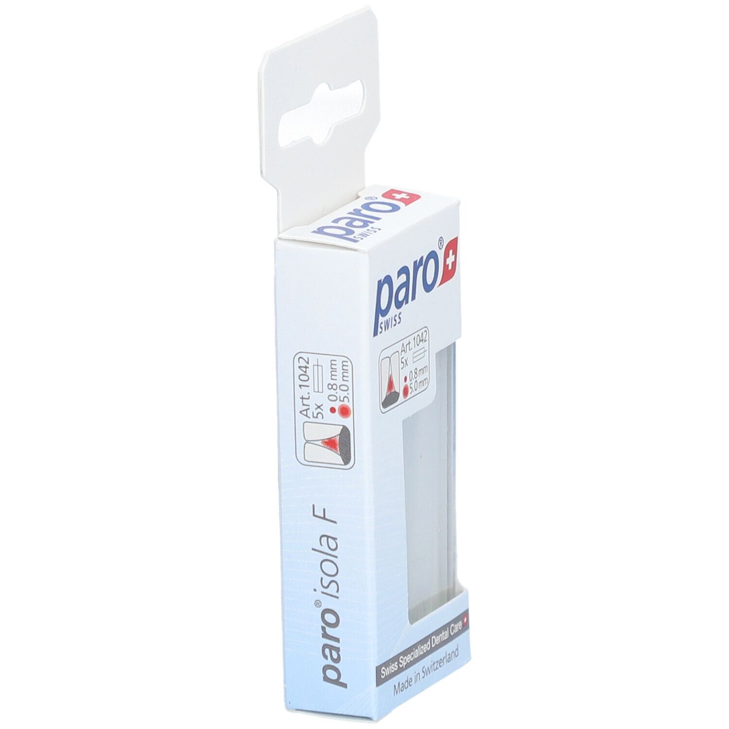 Vue latérale de l'emballage paro® Isola F. Nom du produit et informations imprimées. Contient une Brossette interdentaire.