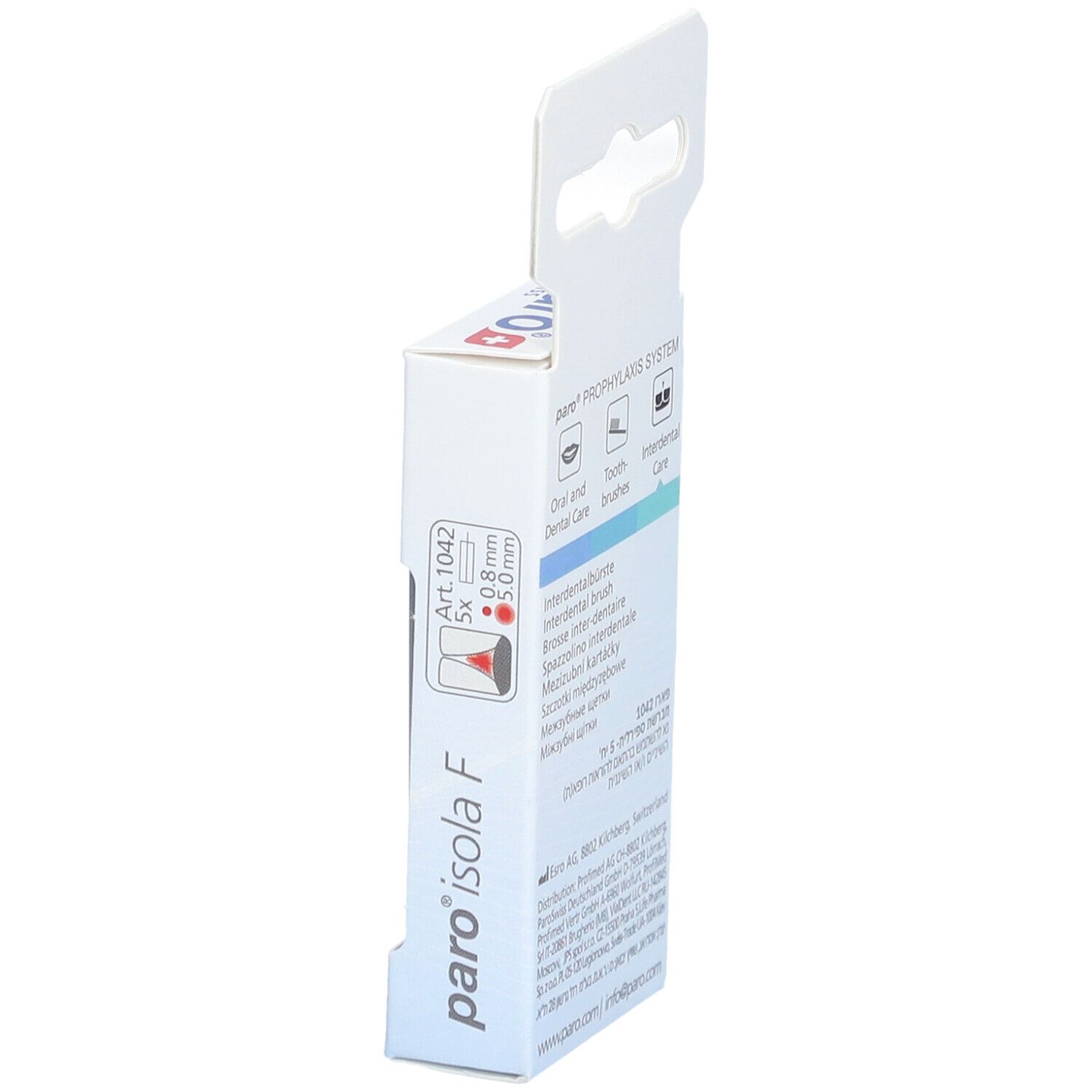 Vue latérale de l'emballage paro® Isola F. Nom du produit et informations imprimées. Contient une Brossette interdentaire.