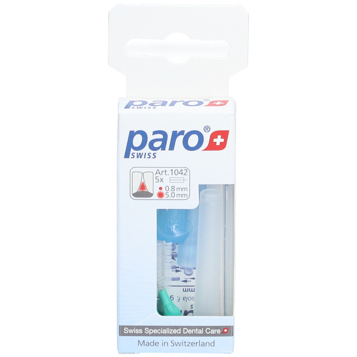 Emballage de paro® Isola F Brossette interdentaire. Contient 5 brosses, 5.0 mm, vertes. Marque et informations imprimées.