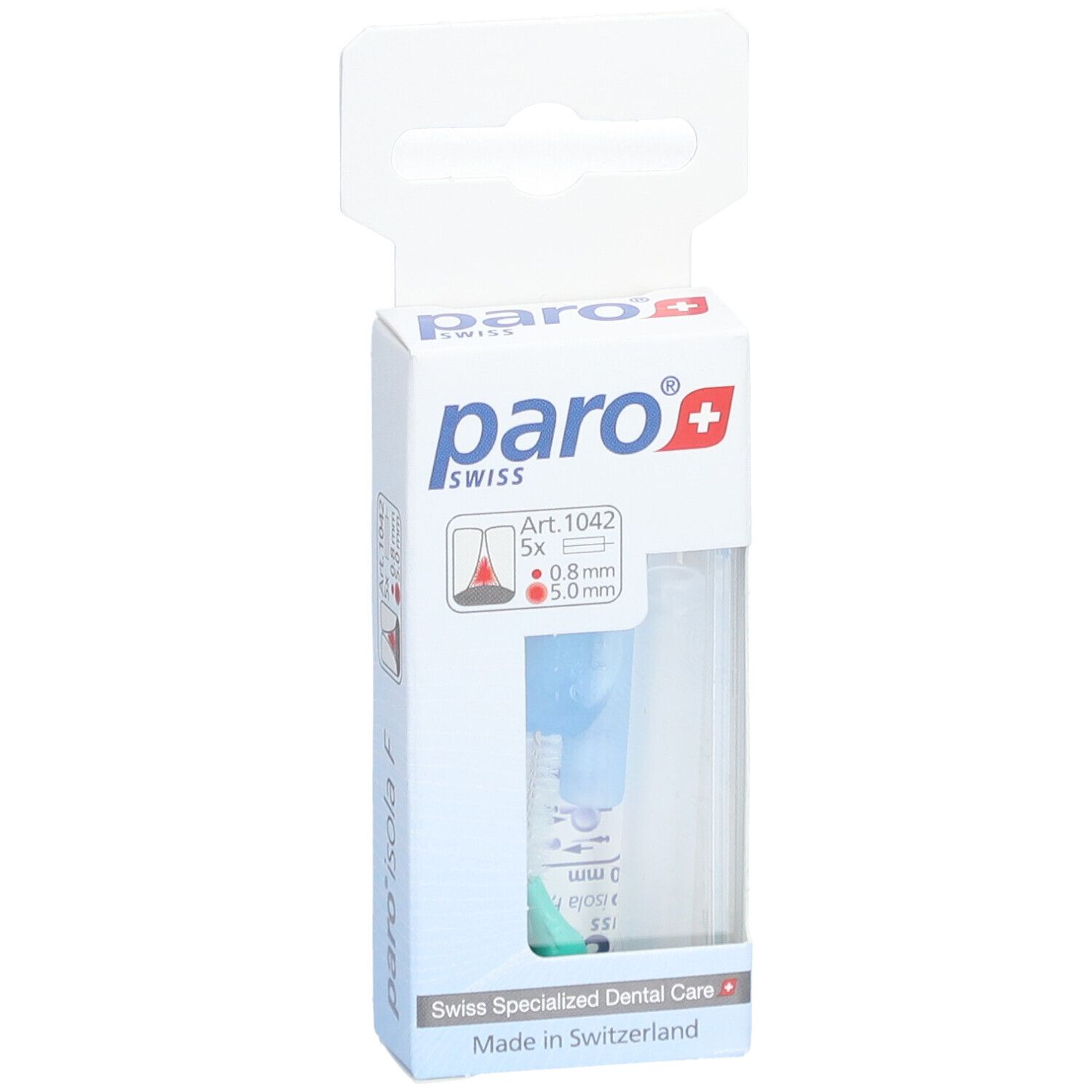 Emballage de paro® Isola F Brossette interdentaire. Contient 5 brosses, 5.0 mm, vertes. Marque et informations imprimées.