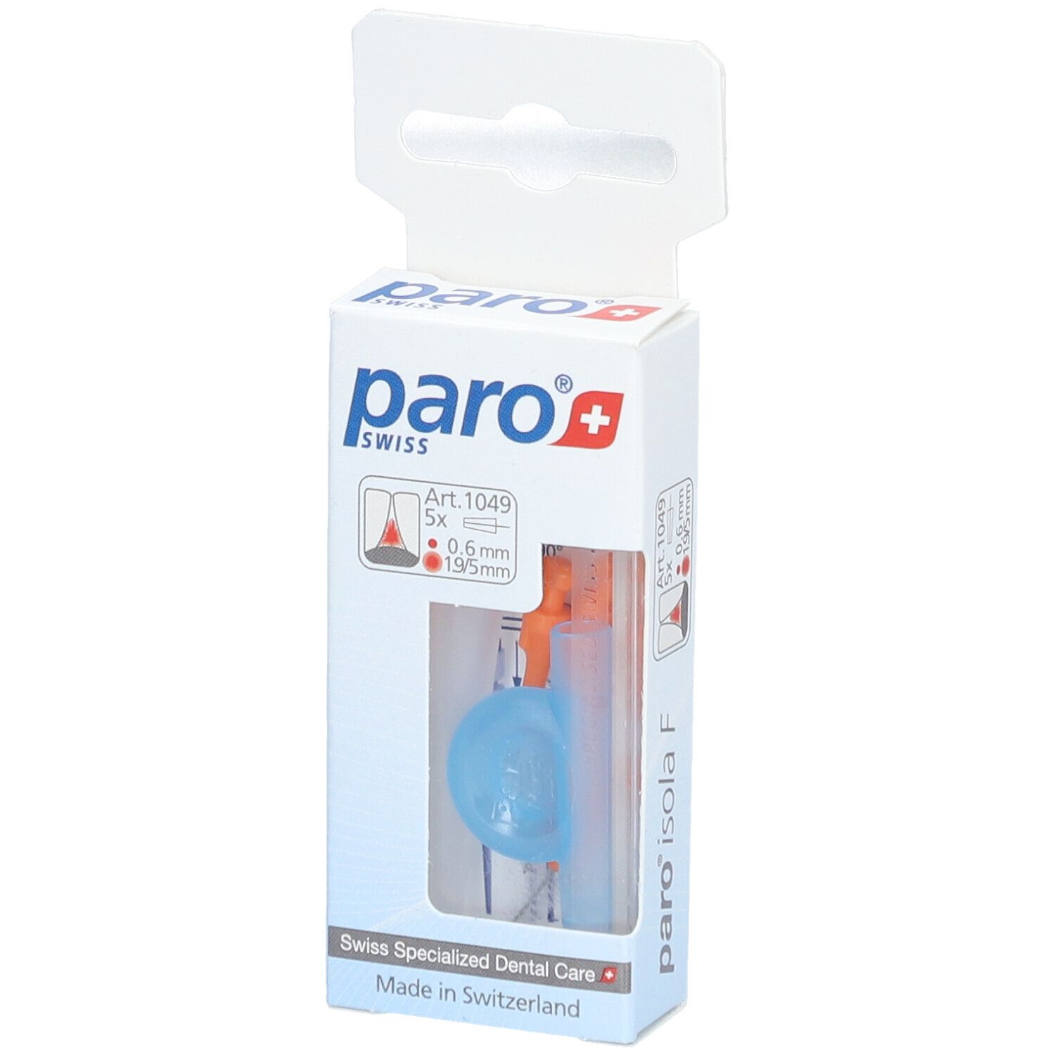 Emballage de brossettes interdentaires paro® Isola F. Brossettes oranges, manches bleus. Inscription : paro swiss, Art. 1049, 0.6mm/1.9mm.