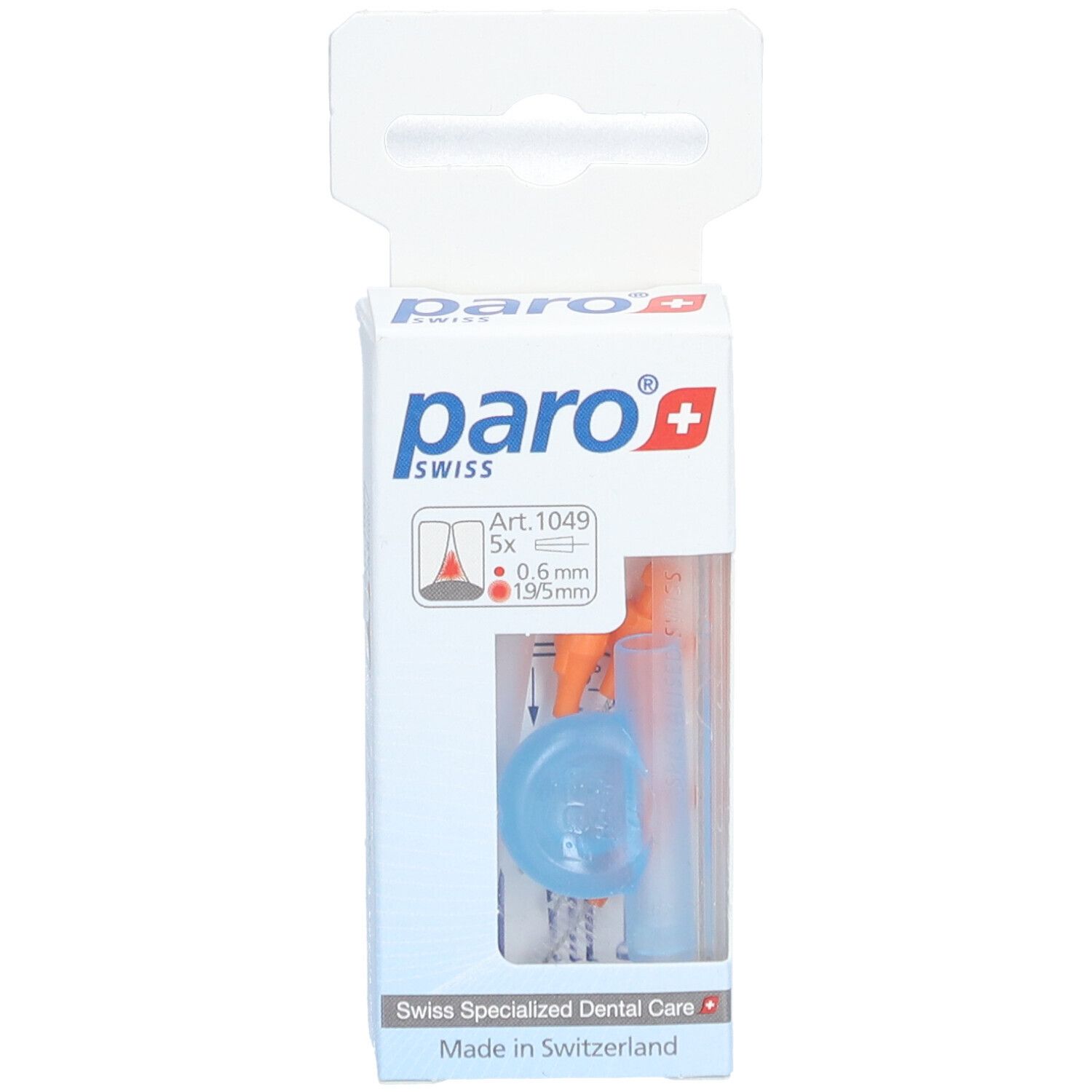 Emballage de brossettes interdentaires paro® Isola F. Brossettes oranges, manches bleus. Inscription : paro swiss, Art. 1049, 0.6mm/1.9mm.
