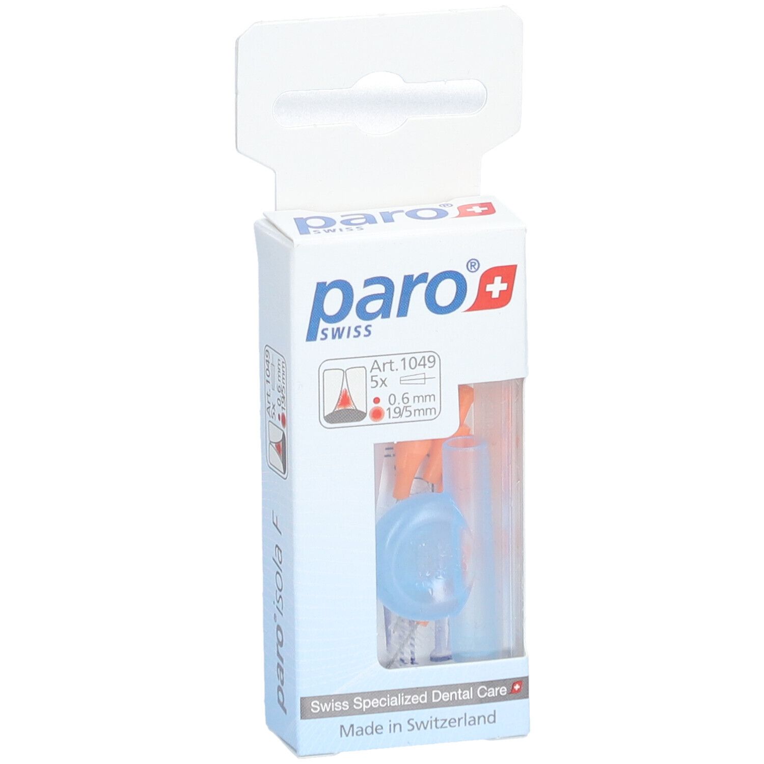 Emballage de brossettes interdentaires paro® Isola F. Brossettes oranges, manches bleus. Inscription : paro swiss, Art. 1049, 0.6mm/1.9mm.