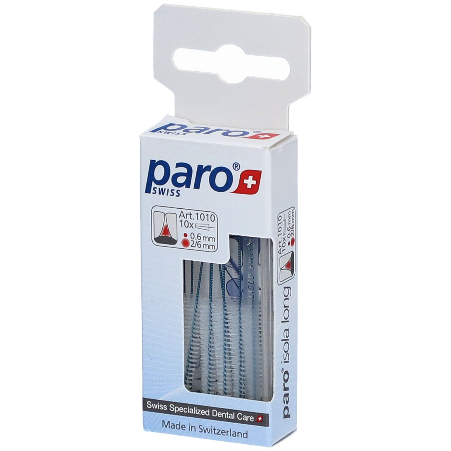 Emballage de paro® Interdentalbürsten Isola Long. Visible : marque, nom du produit, Art. 1010, 10x 0,6 mm.